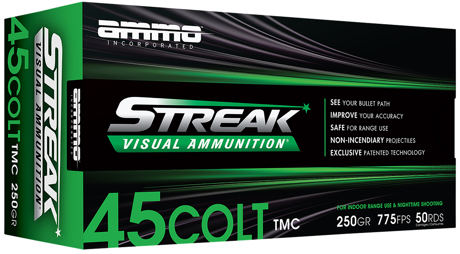Ammo Inc Streak Visual (GREEN) Pistol Ammunition 45C250TMCSTRKGRN50, 45 Colt, Total Metal Case, 250 GR, 775 fps, 50 Rd/bx