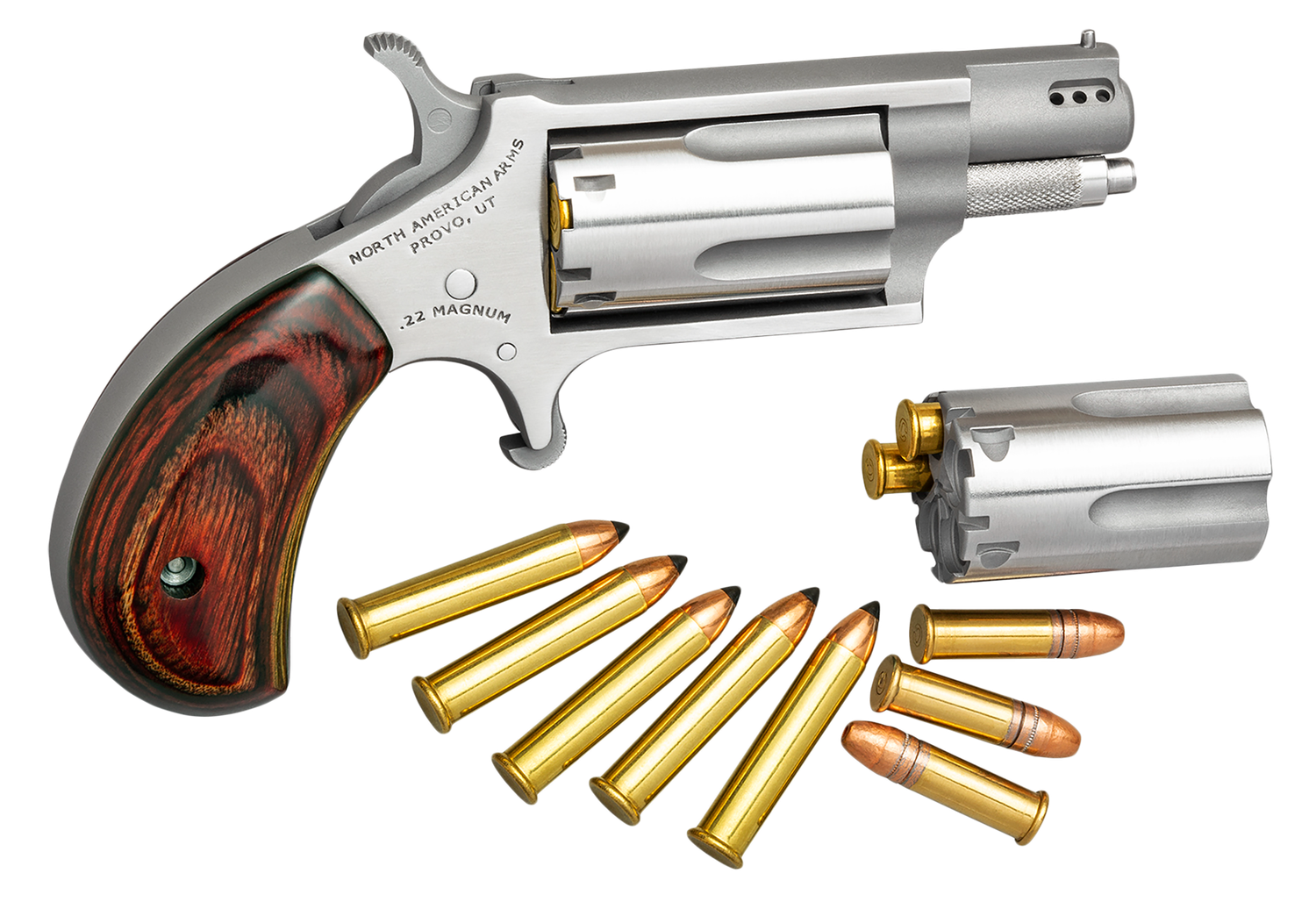North American 22 Magnum Mini-Revolver Ported North American22MSP, 22 Magnum (WMR), 1.12 in, Rosewood Grip, Stainless Finish, 5 Rd