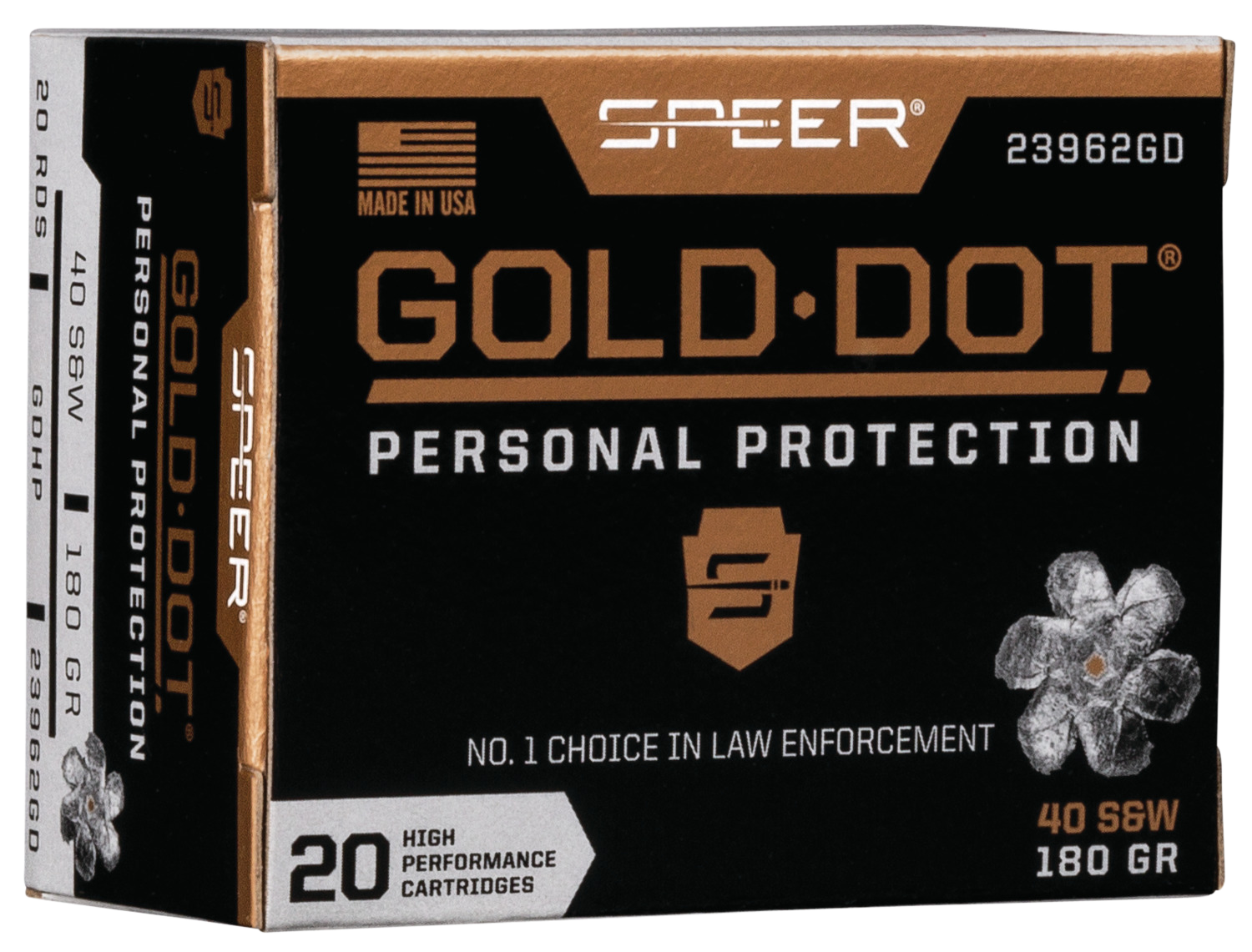 Speer Gold Dot Personal Protection Handgun Ammunition 23962GD, 40 S&W, Gold Dot HP, 180 GR, 1025 fps, 20 Rd/bx