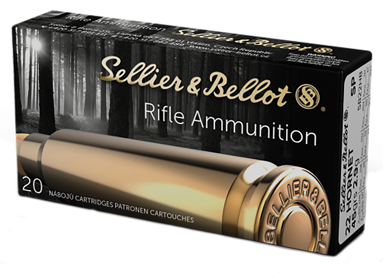 Sellier & Bellot Rifle Ammuntion SB22HB, 22 Hornet, Soft Point (SP), 45 GR, 2346 fps, 20 Rd/bx