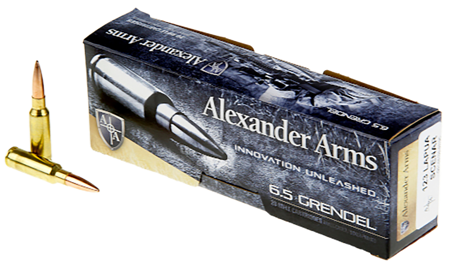 Alexander Arms Rifle Ammunition AG123LSBOX, 6.5 Grendel, Boat Tail Open Tip Match, 123 gr, 2480 fps, 20 Rd/Bx
