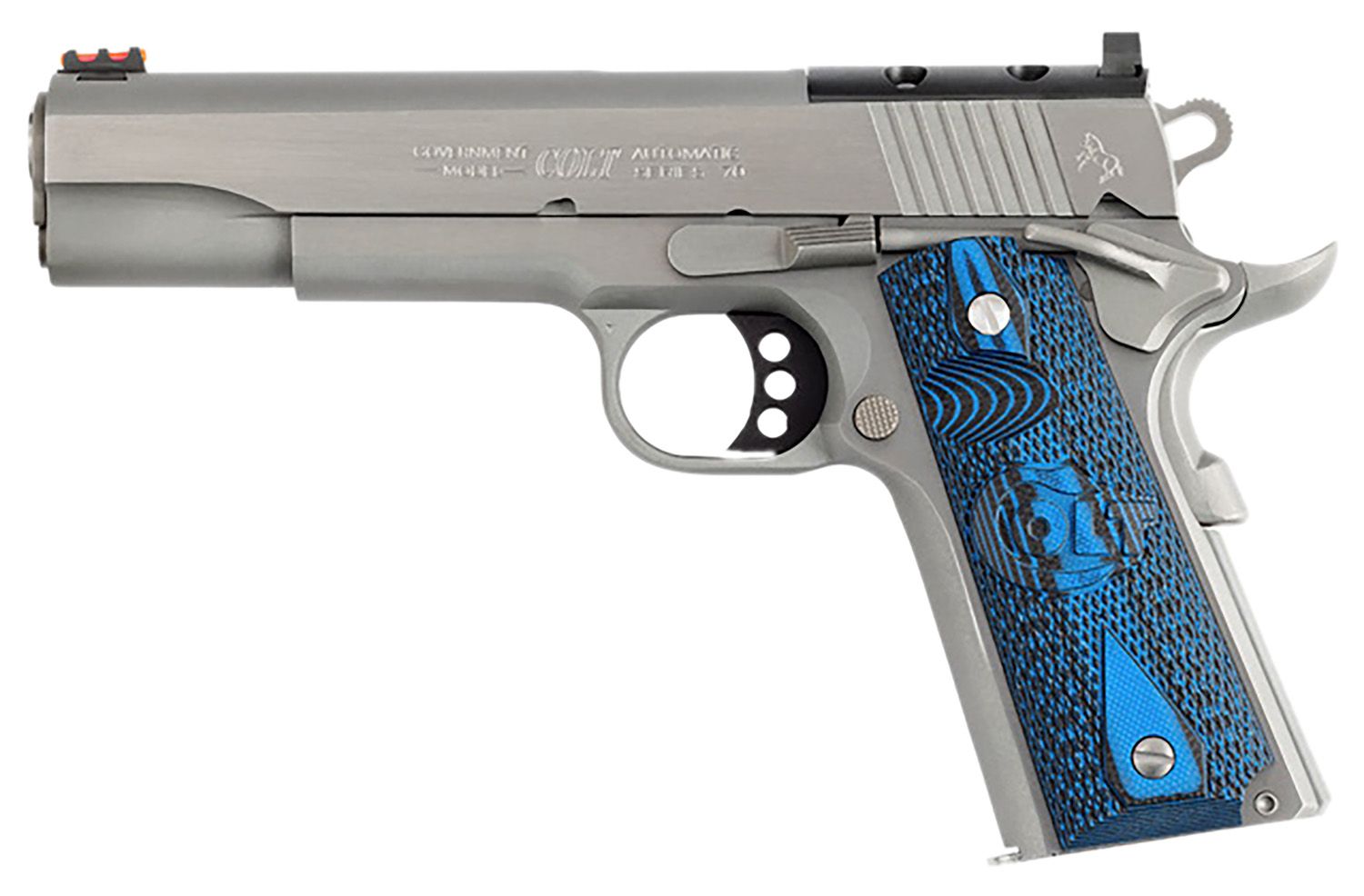 Colt Competition Government Optic Ready Pistol O1072CCSOR, 9mm Luger, 5in, Checkered Blue G10, Stainless Finish, 9 Rds