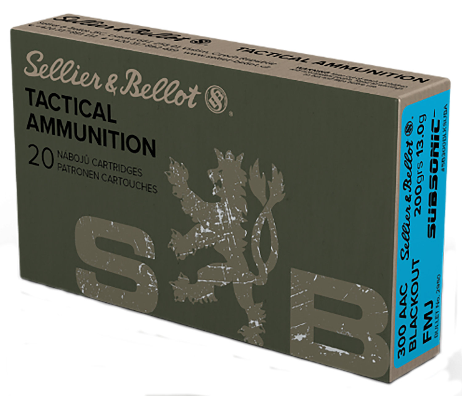 Sellier & Bellot Subsonic Rifle Ammunition SB300BLKSUBA, 300 AAC Blackout, Full Metal Jacket Subsonic, 200 GR, 1050 fps, 20 Rd/Bx
