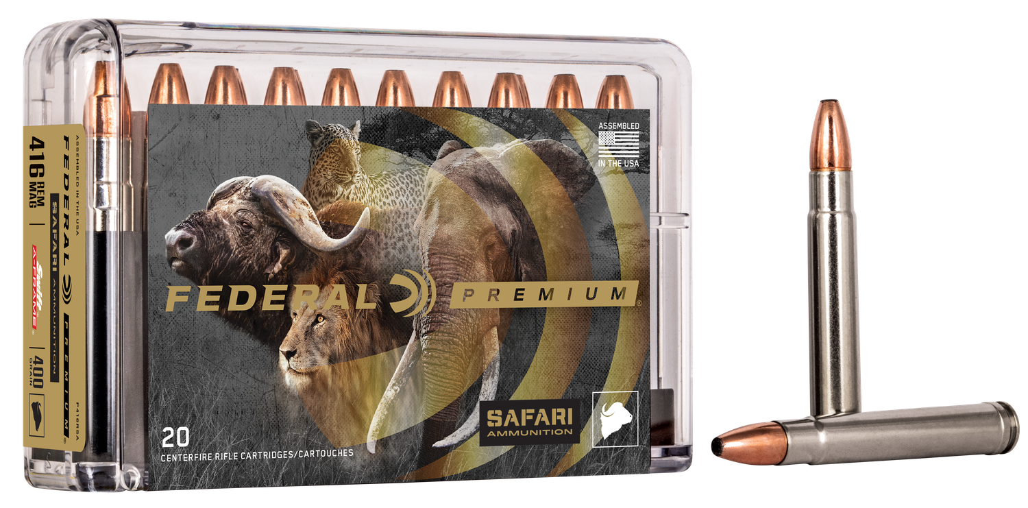Federal Premium Cape-Shok Ammo P416RSA, 416 Remington Magnum, Swift A-Frame, 400 GR, 2400 fps, 20 Rd/bx