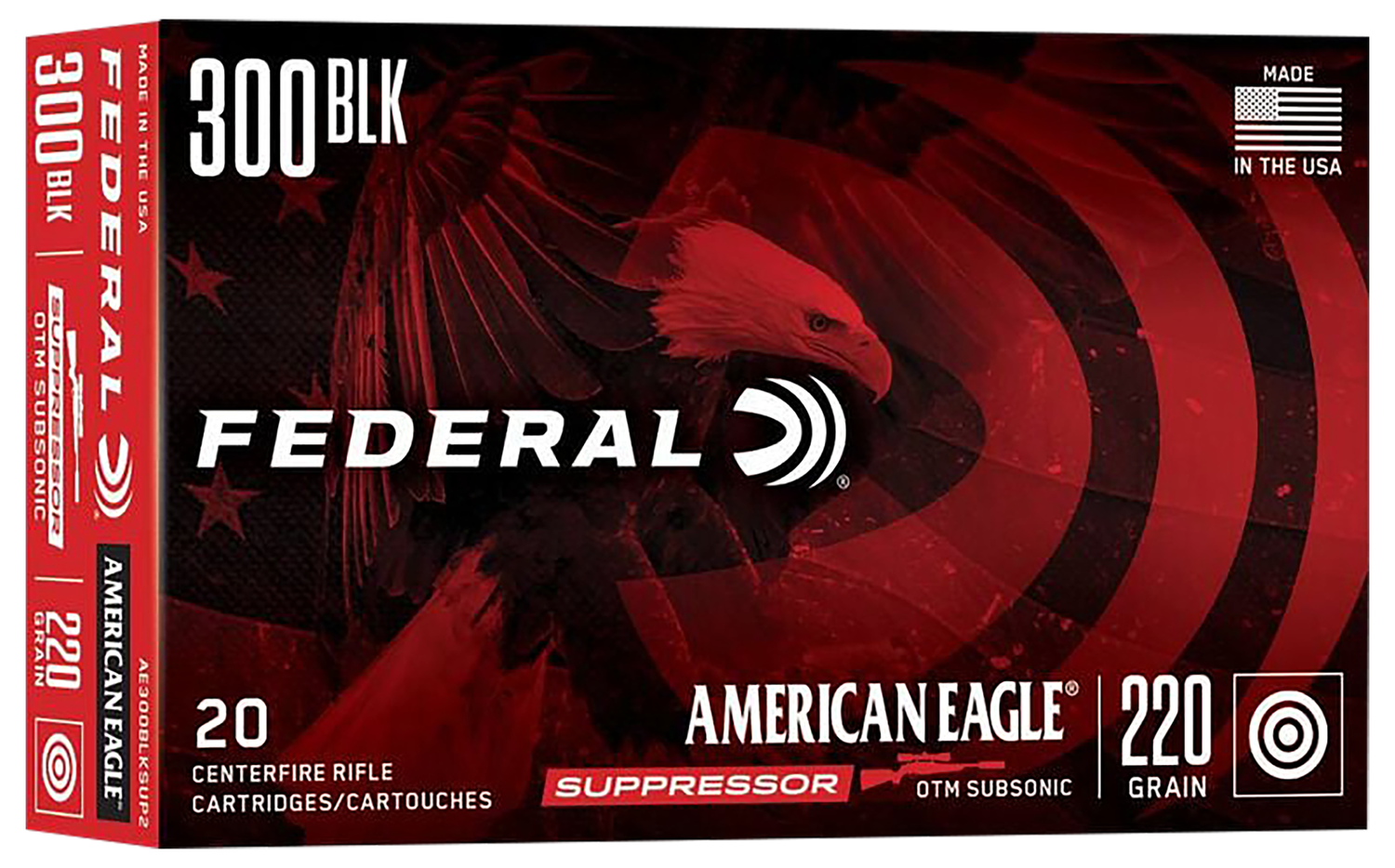 Federal American Eagle Subsonic Rifle Ammo AE300BLKSUP2, 300 AAC Blackout, Open Tip Match, 220 GR, 1000 fps, 20 Rd/bx