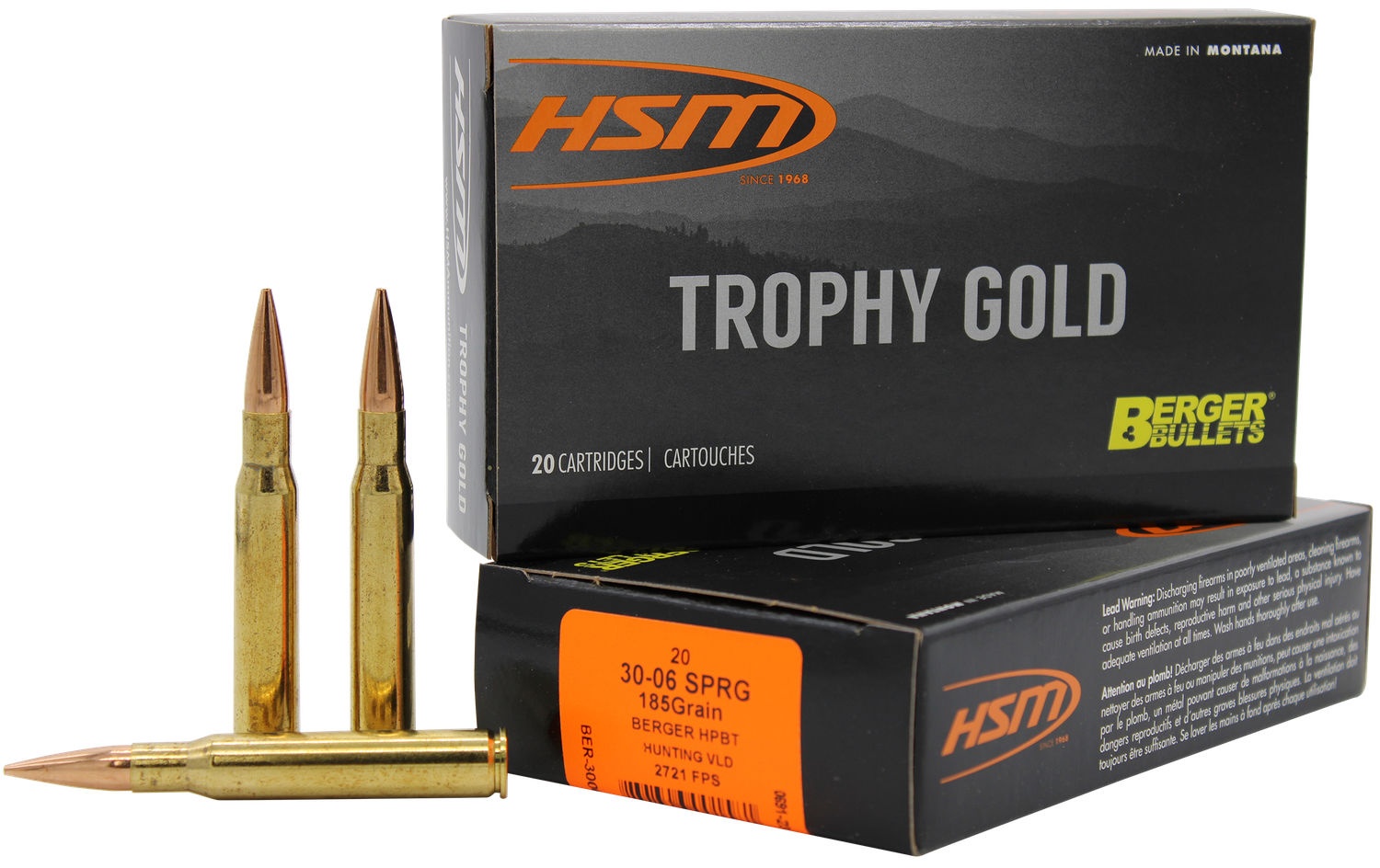 HSM Trophy Gold Rifle Ammunition 3006185VLD, 30-06 Springfield, Berger Match Hunting VLD, 185 GR, 2721 fps, 20 Rd/bx