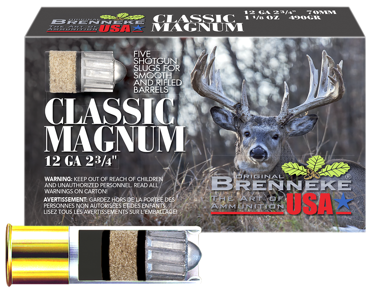Brenneke Slugs Classic Magnum Hunting SL122CLM, 12 Gauge, 2-3/4", 1 1/8 oz, 1510  fps, Slug Shot, 5 Rd/bx
