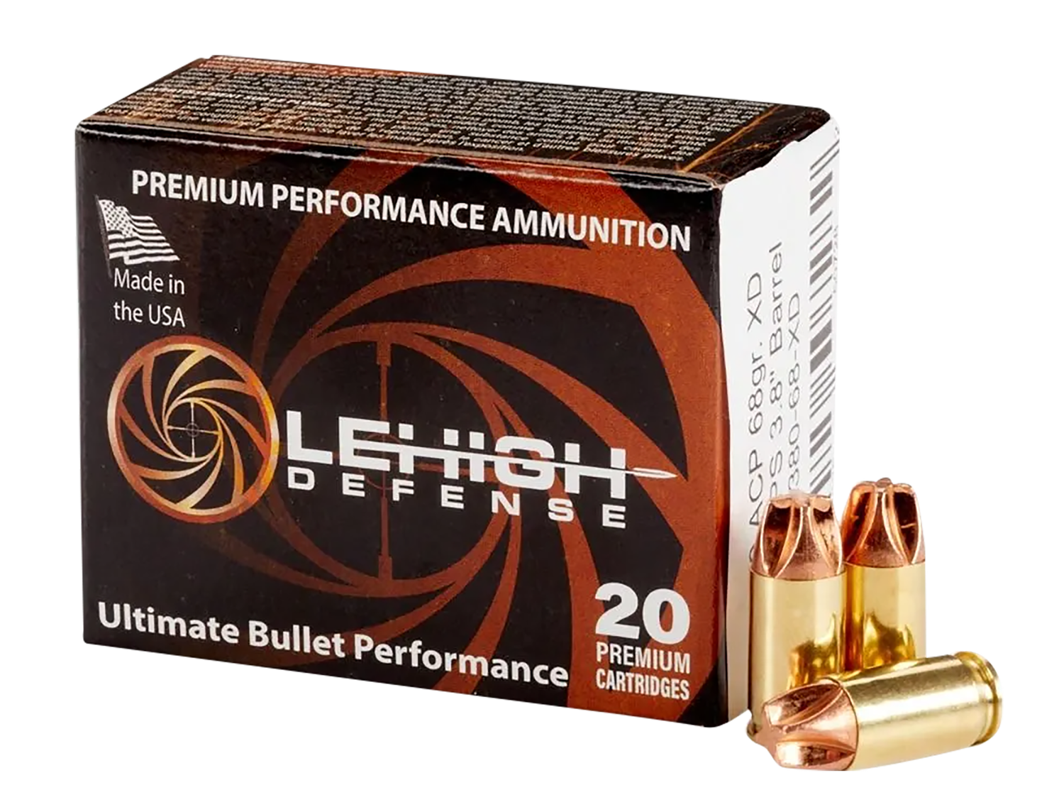 LeHigh Defense Xtreme Defense Pistol Ammunition LA38068XD, 380 Automatic Colt Pistol ACP, Lehigh Defense XD FMT, 68 gr, 1100 fps, 20 Rd/Bx