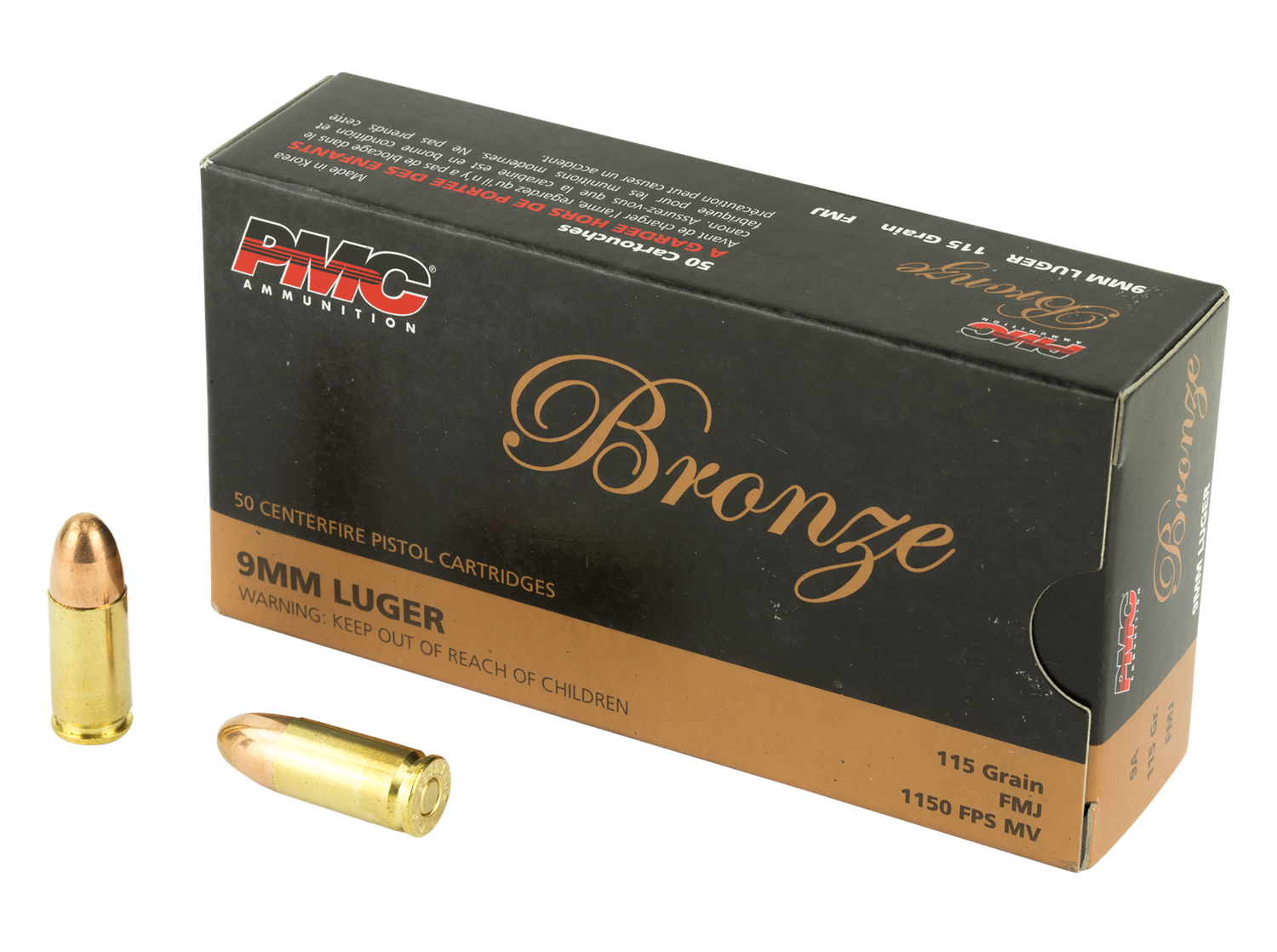 PMC Bronze Line Pistol Ammunition 9A, 9mm, Full Metal Jacket (FMJ), 115 GR, 1150 fps, 50 Rd/bx