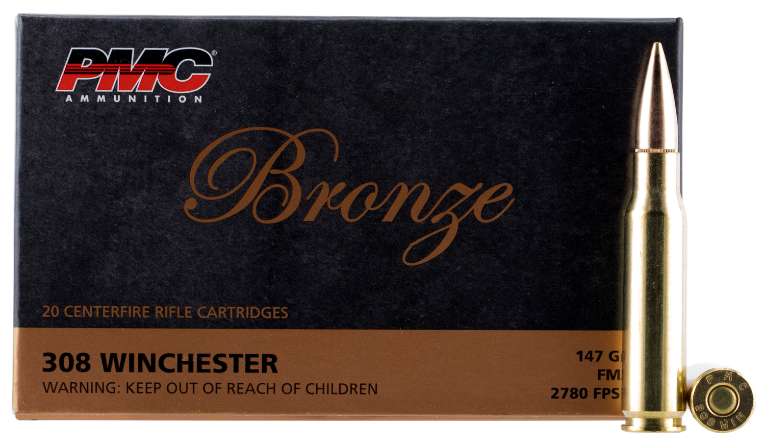 PMC Bronze Line Rifle Ammunition 308B, 308 Winchester, Full Metal Jacket (FMJ), 147 GR, 2780 fps, 20 Rd/bx