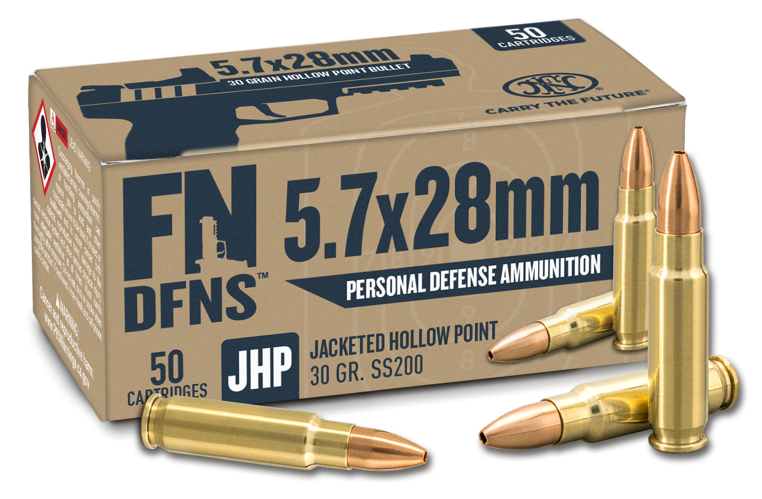 FN Herstal DFNS Pistol Ammunition 10700030, 5.7x28mm, JHP, 30 gr, 1894 fps, 50 Rd/Bx