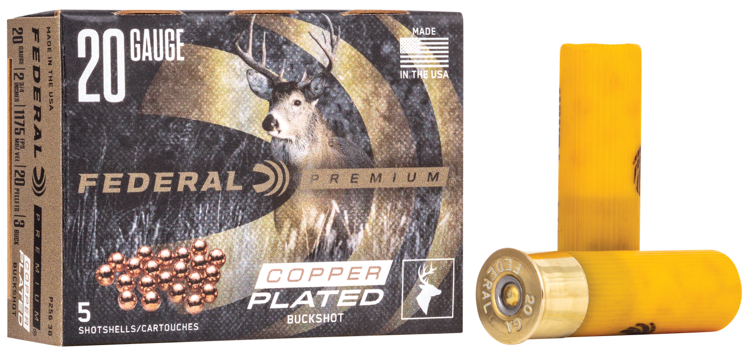 Federal Premium Vital-Shok P2563B, 20 Gauge, 2-3/4", 20 Pellets, 1100 fps, #3 Copper Plated Lead Buckshot, 5 Rd/bx