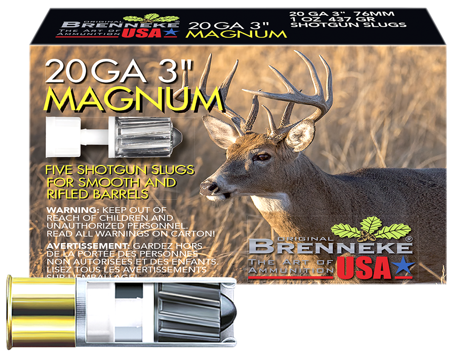 Brenneke Slugs SL203M, 2115611, 20 Gauge, 3 in, 1 oz, 1476 fps, Slug Lead Shot , 5 Rd/bx