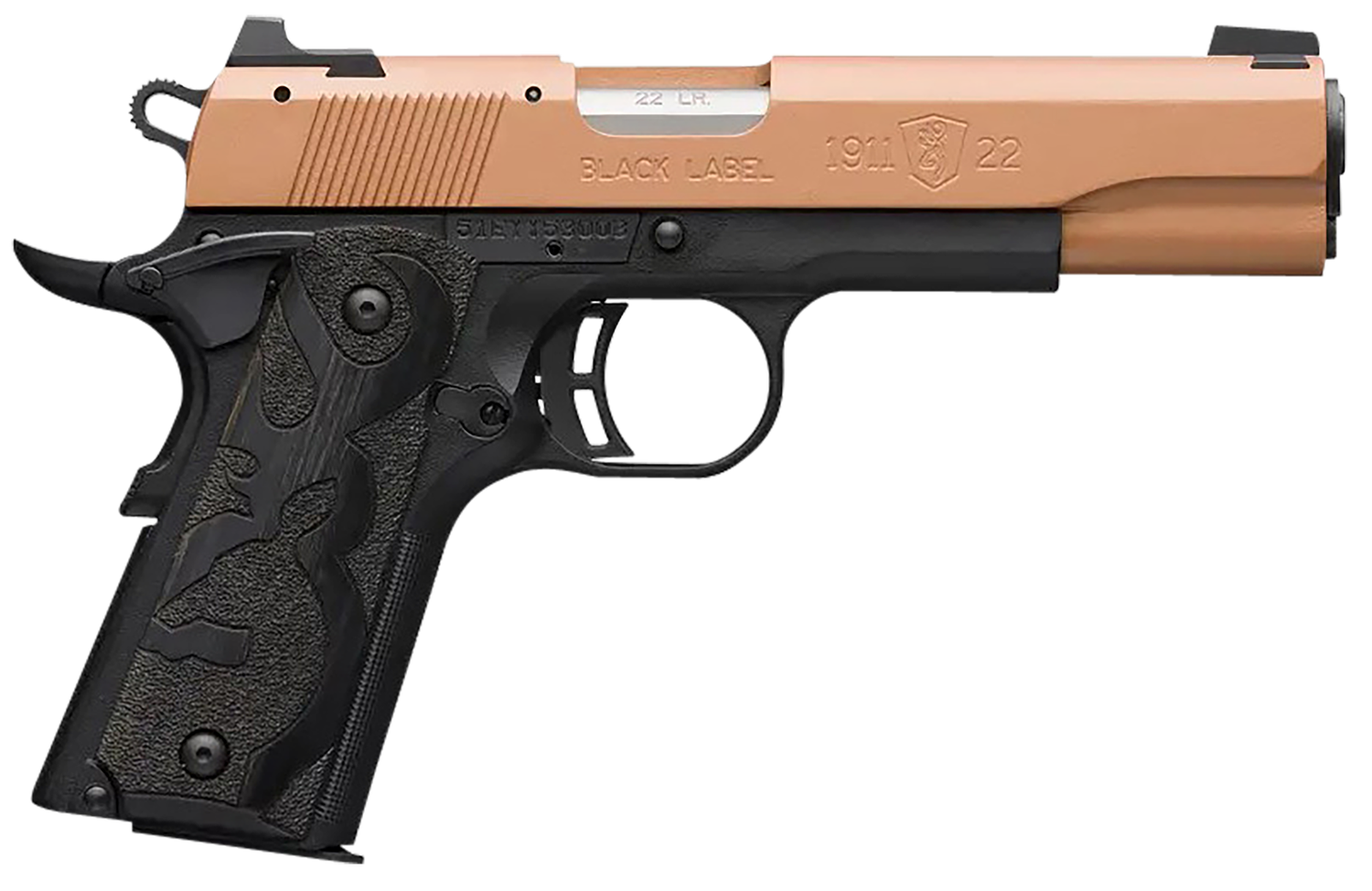 Browning Arms 1911 Black Label Pistol 051895490, 22 LR, 4.25", Black Laminate Wood Grips, Matte Black Finish, Copper Cerakote Slide, 10 Rds
