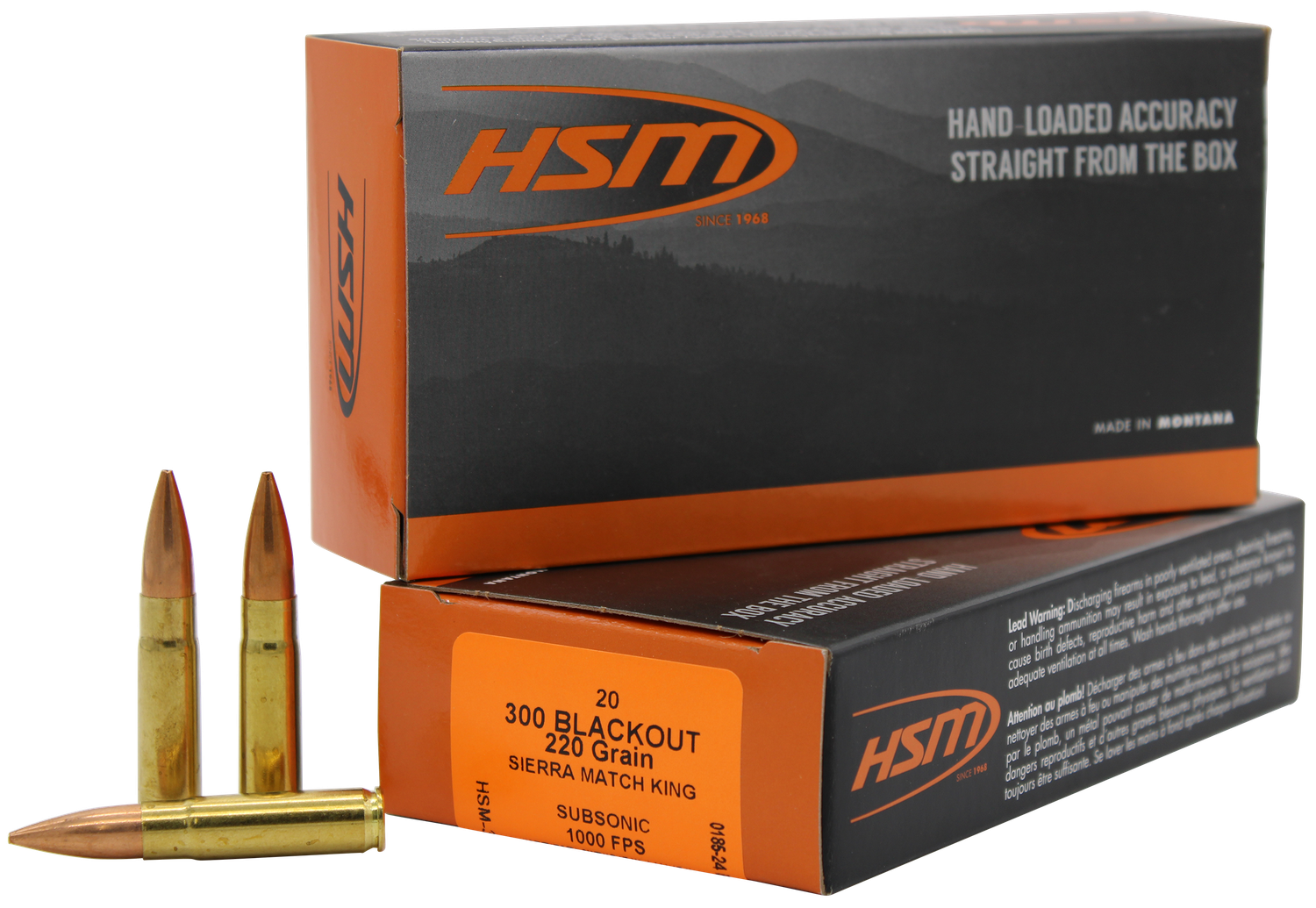 HSM Custom Plus Rifle Ammunition 300BLK-4-N, 300 AAC Blackout, HPBT Subsonic, 220 GR, 1030 fps, 20 Rd/bx