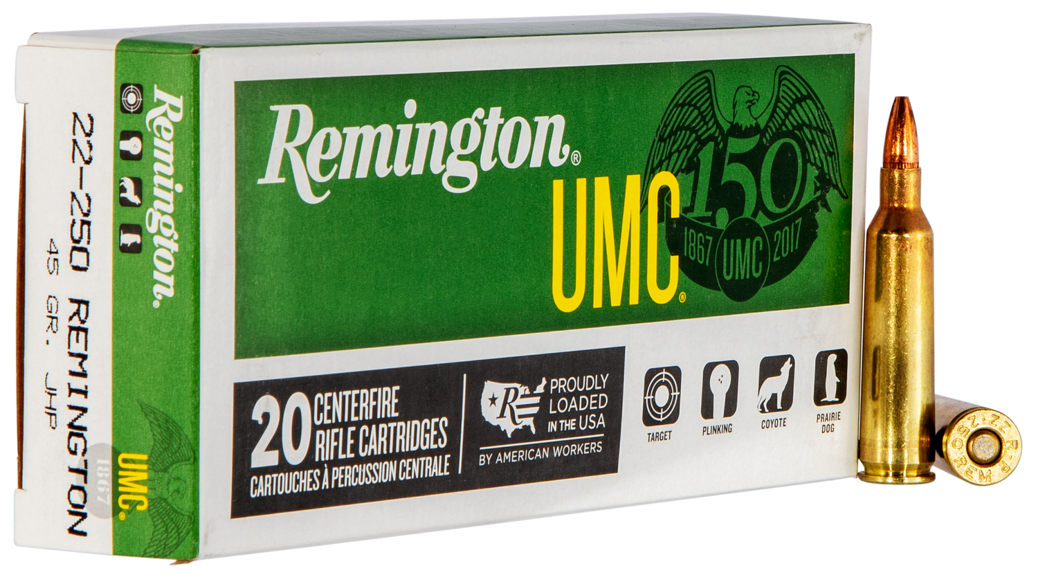 Remington UMC Rifle Ammunition L22503, 22-250 Remington, Jacketed Hollow Point (JHP), 45 GR, 4000 fps, 20 Rd/bx