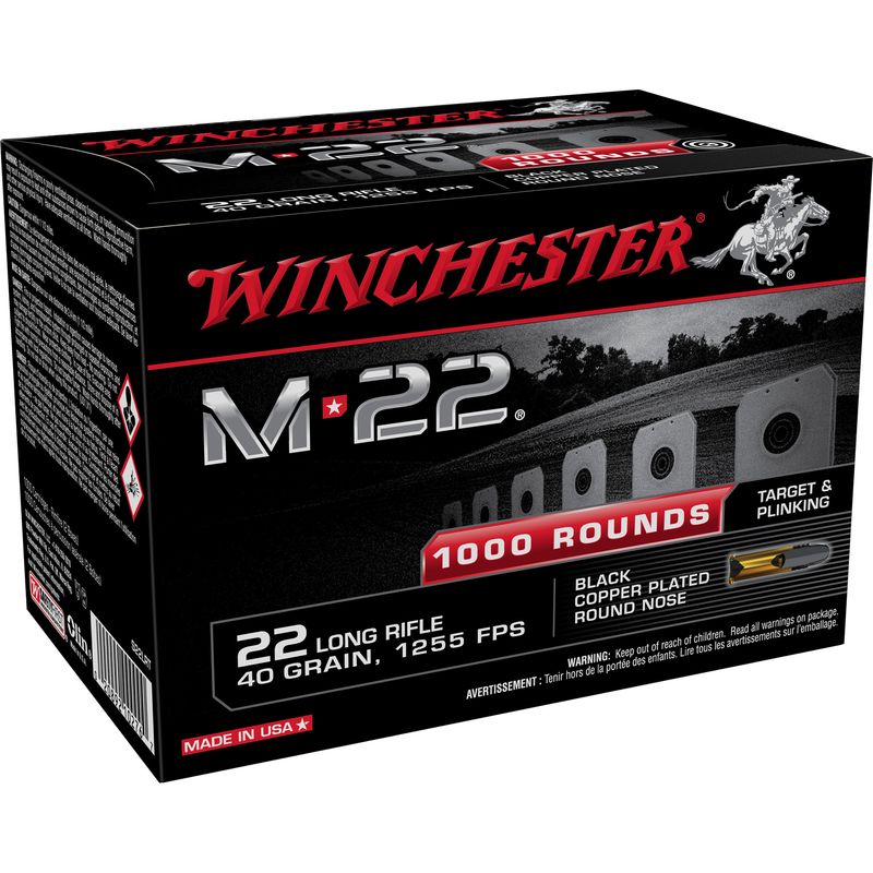 Winchester M-22 Rimfire Ammunition S22LRT, 22 Long Rifle, Blackened Plated Lead Round Nose (RN), 40 GR, 1255 fps, 1000 Rd/Bx