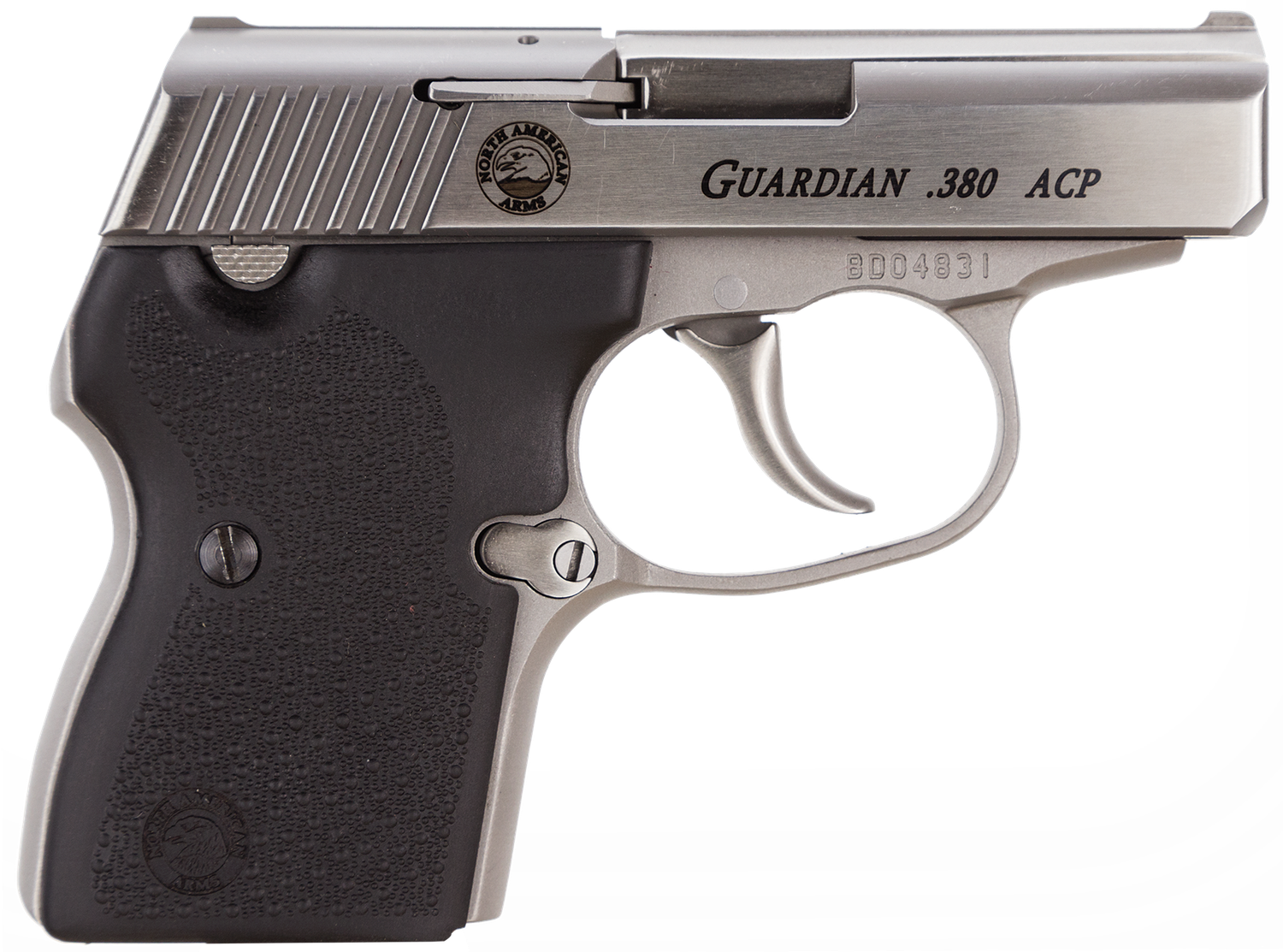North American Guardian Pistol (CA Approved) 380GUARDS, 380 ACP, 2 1/2", Black Rubber Grip, Stainless Finish, 6 Rd