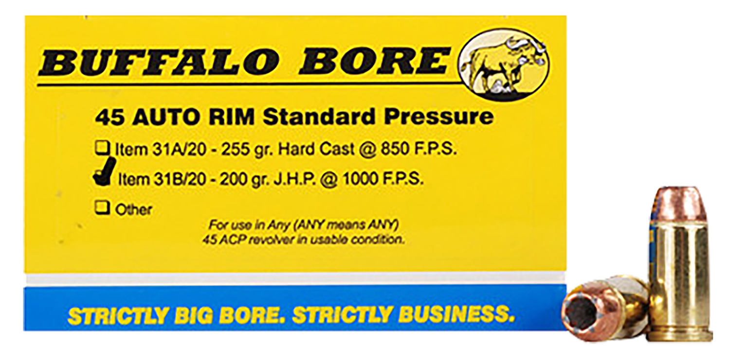 Buffalo Bore Handgun Ammunition 31B/20, 45 Auto Rim, Jacketed Hollow Point (JHP), 200 GR, 1000 fps, 20 Rd/Bx