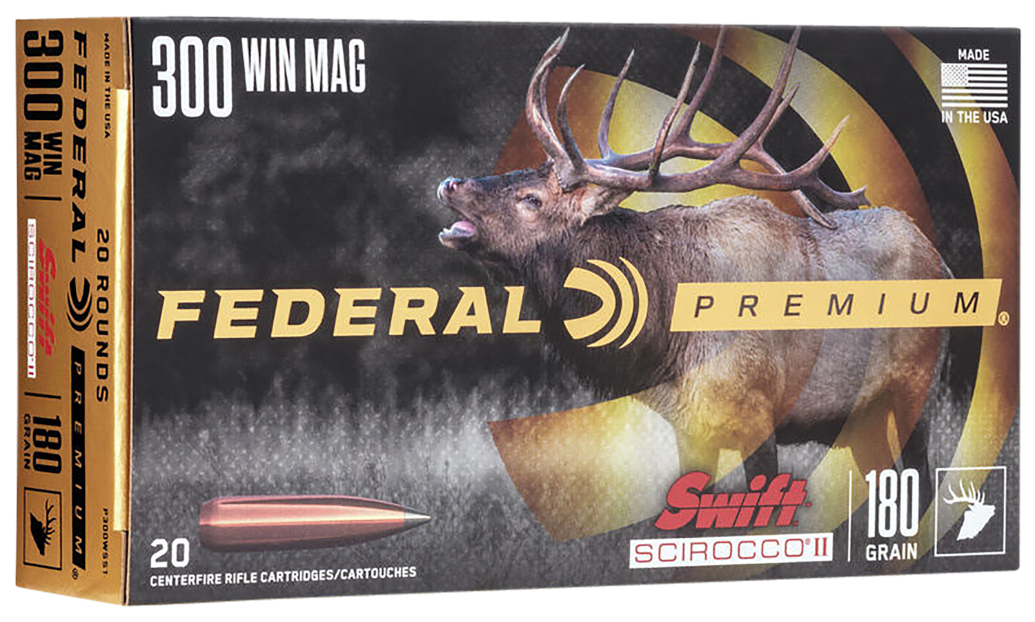 Federal Premium Rifle Ammunition P300WSS1, 300 Win Mag, Swift Scirocco II, 180 gr, 2950 fps, 20 Rd/Bx