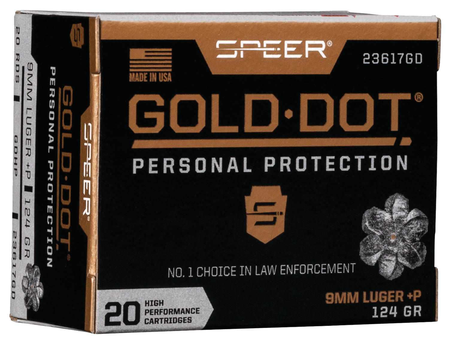 Speer Gold Dot Personal Protection Handgun Ammunition 23617GD, 9MM+P, Gold Dot HP,  124 GR, 1220 fps, 20 Rd/bx