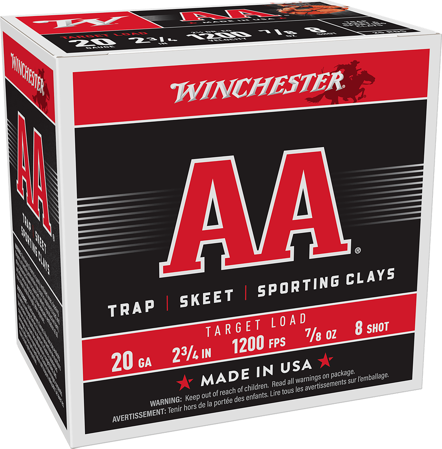 Winchester AA Target AA208, 20 Gauge, 2-3/4", 7/8 oz, 1200 fps, #8 Lead Shot, 25 Rds/Bx