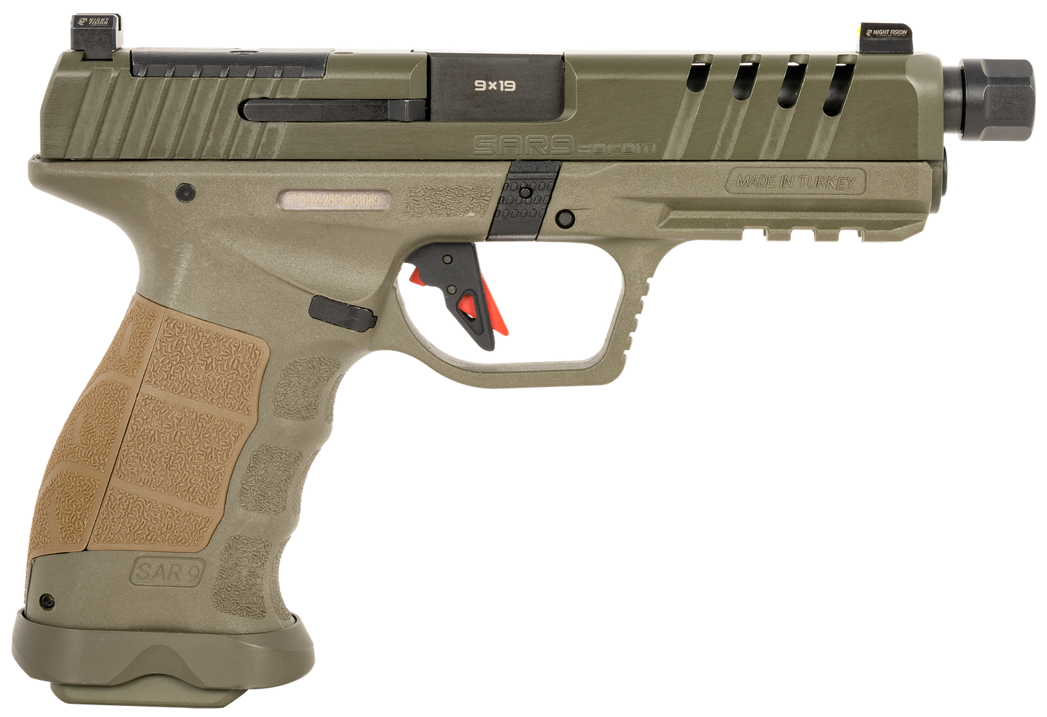 SAR USA SAR9 SOCOM Optic Ready Pistol SAR9SOCOMOD, 9mm Luger, 5.20in, Tan w/Interchangeable Backstraps, Special Forces Green Finish, 17 Rds