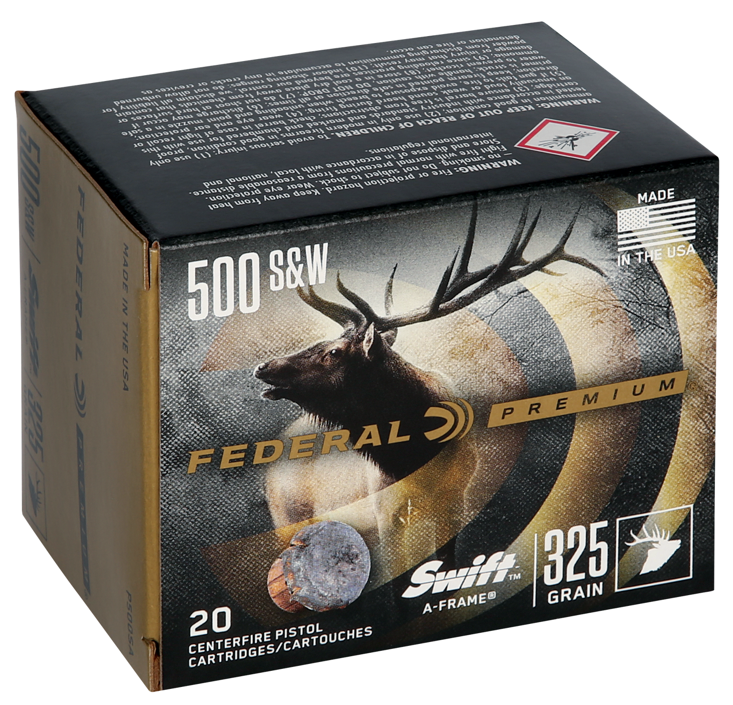 Federal Premium Handgun Cartridge P500SA, 500 S&W, Swift A-Frame, 325 GR, 1800 fps, 20 Rd/bx