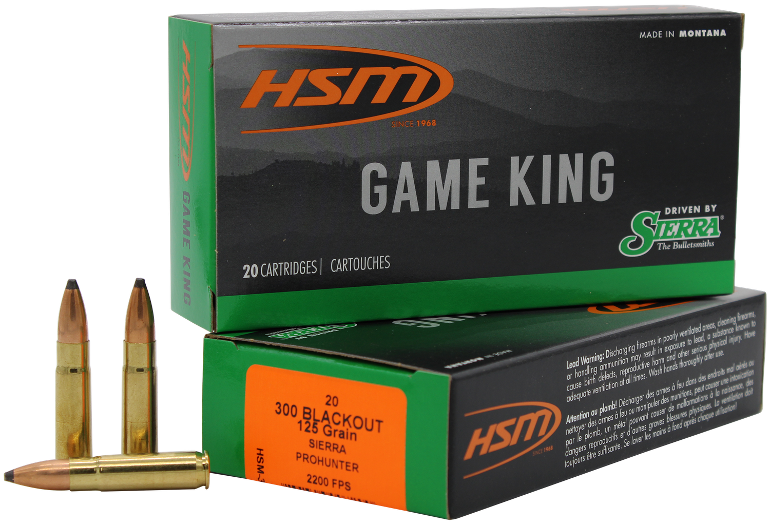 HSM Pro Hunter Rifle Ammunition 300BLK3N, 300 AAC Blackout-Whisper 7.62X35mm, Spitzer, 125 GR, 2200 fps, 20 Rd/Bx
