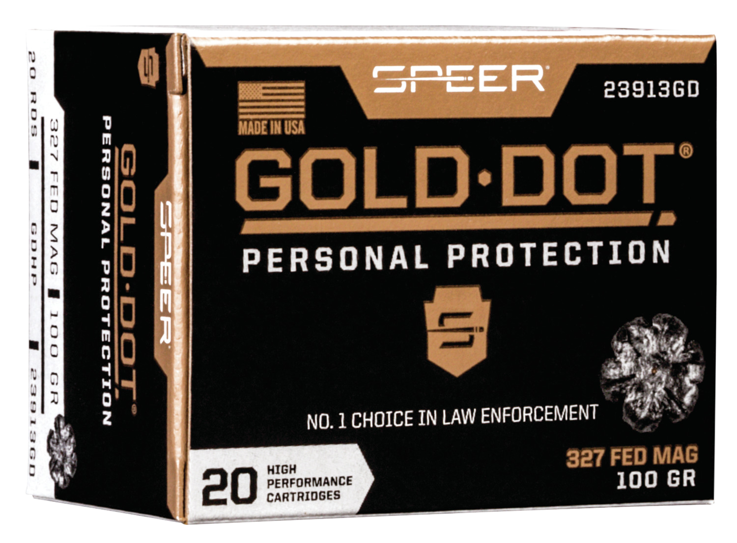 Speer Gold Dot Personal Protection Handgun Ammunition 23913GD, 327 Federal, Gold Dot HP, 100 GR, 1500 fps, 20 Rd/bx
