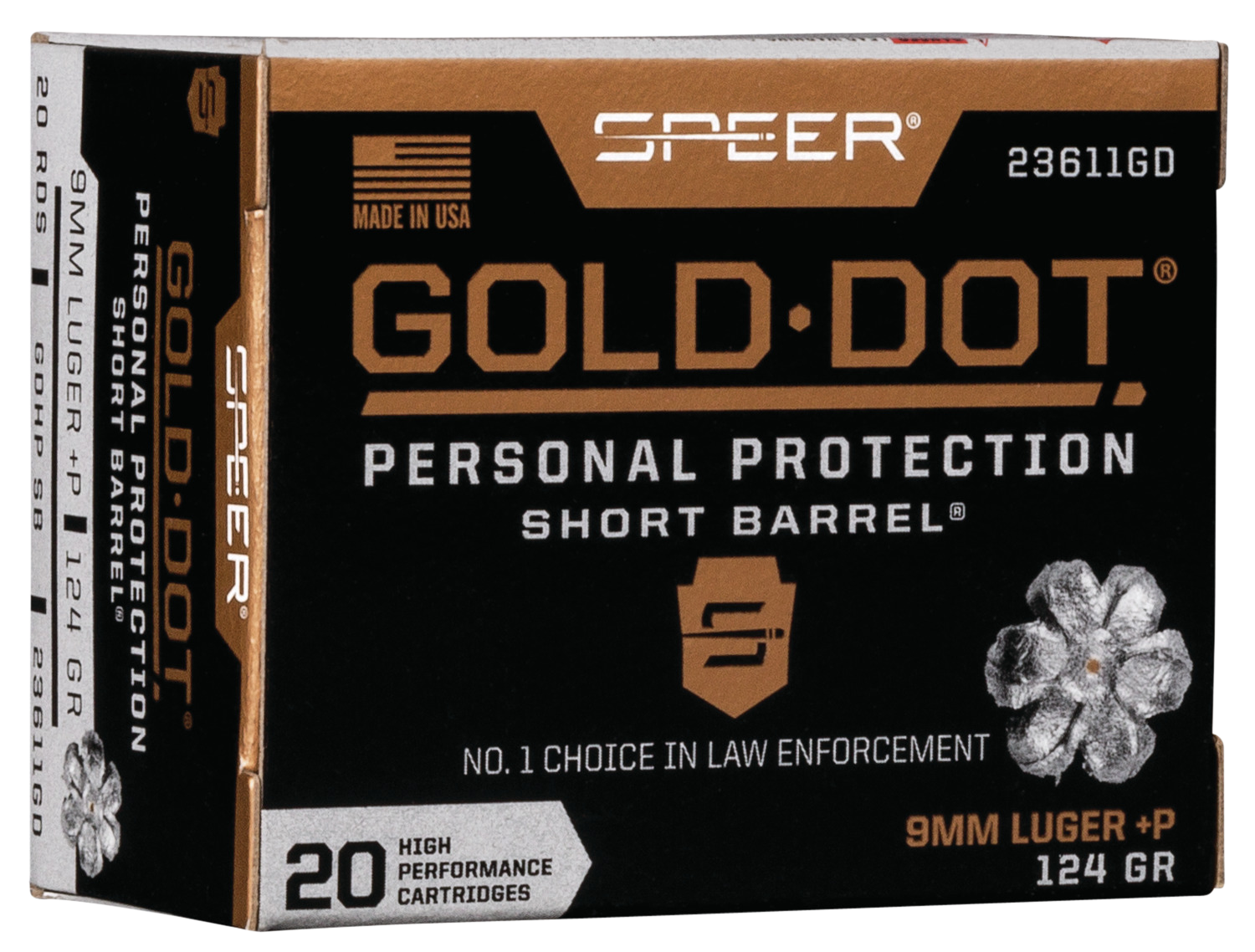 Speer Gold Dot Short Barrel Personal Protection Handgun Ammunition 23611GD, 9MM+P, Gold Dot HP, 124 GR, 1150 fps, 20 Rd/bx