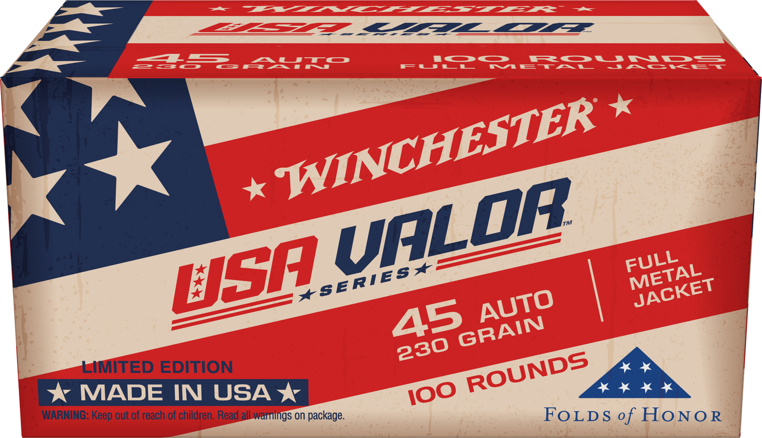 Winchester USA Valor Pistol Ammunition USAV45A, 45 Automatic Colt Pistol ACP, Full Metal Jacket, 230 gr, 835 fps, 100 Rd/Bx