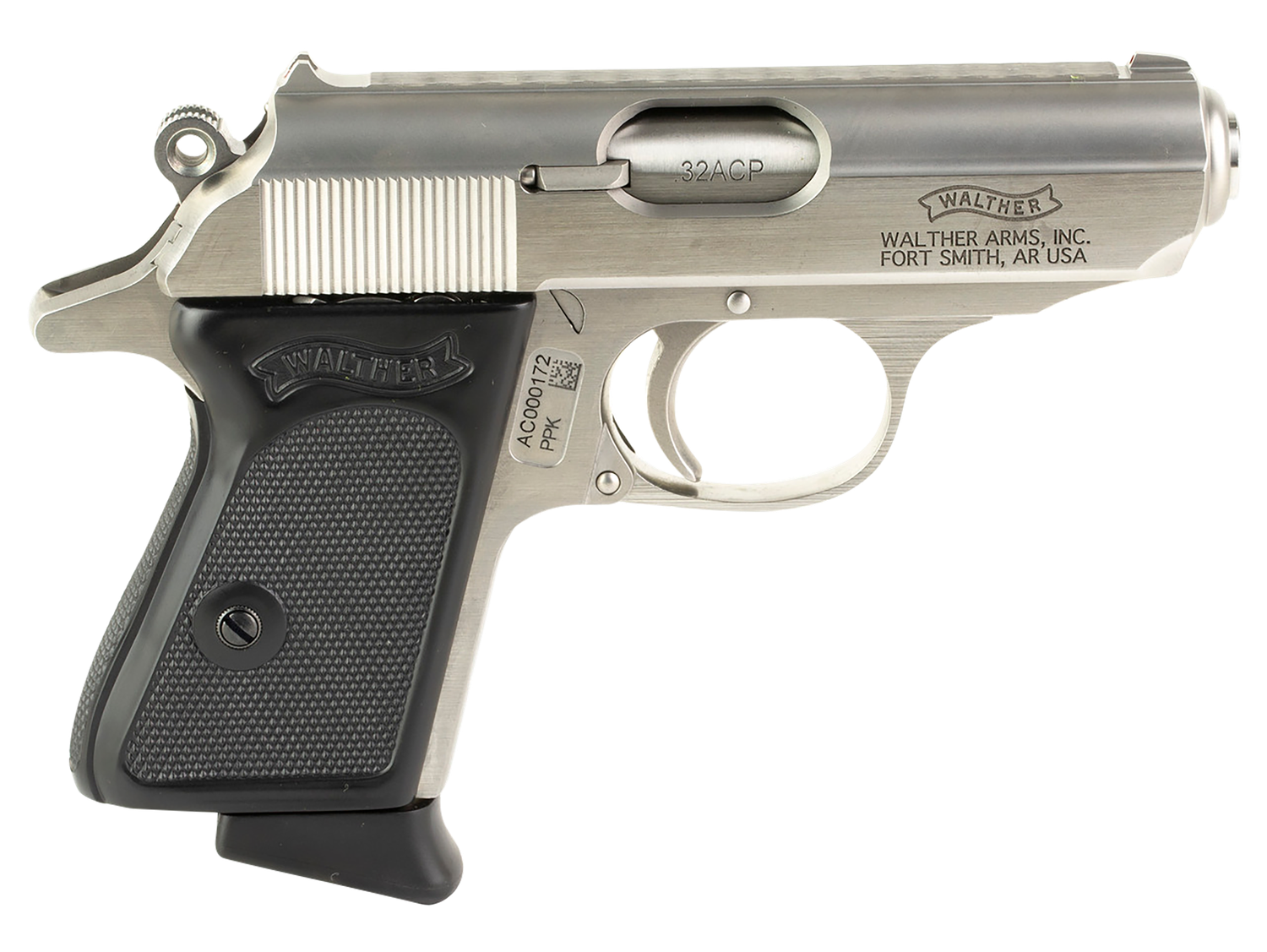 Walther PPK Pistol 4796020, 32 ACP, 3.3", Black Checkered Polymer Grips, Stainless Finish, 6 Rds