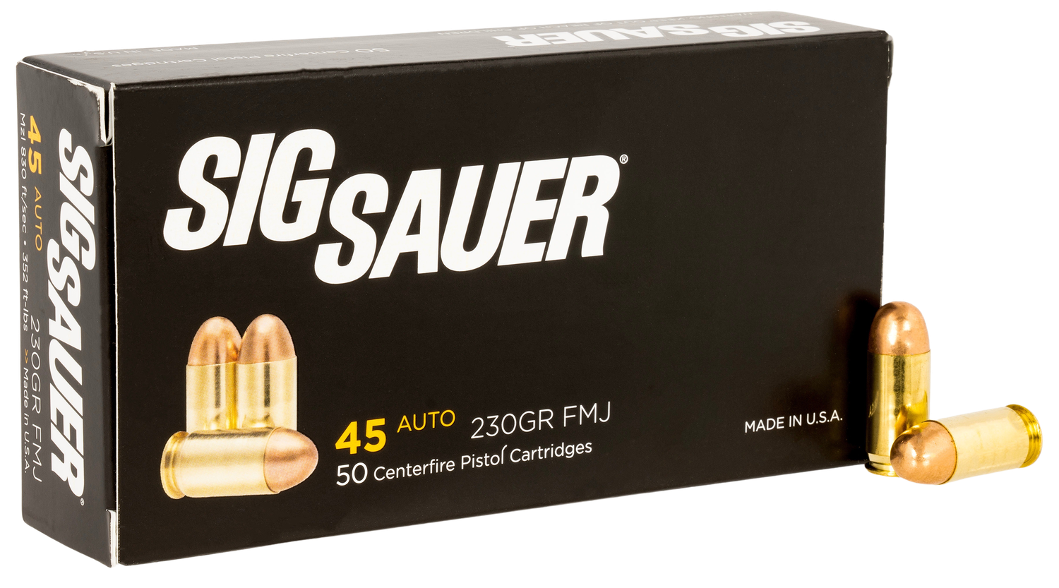 Sig Sauer Elite Performance Pistol Ammunition E45BA3, 45 ACP, Full Metal Jacket, 230 GR, 830 fps, 50 Rd/bx