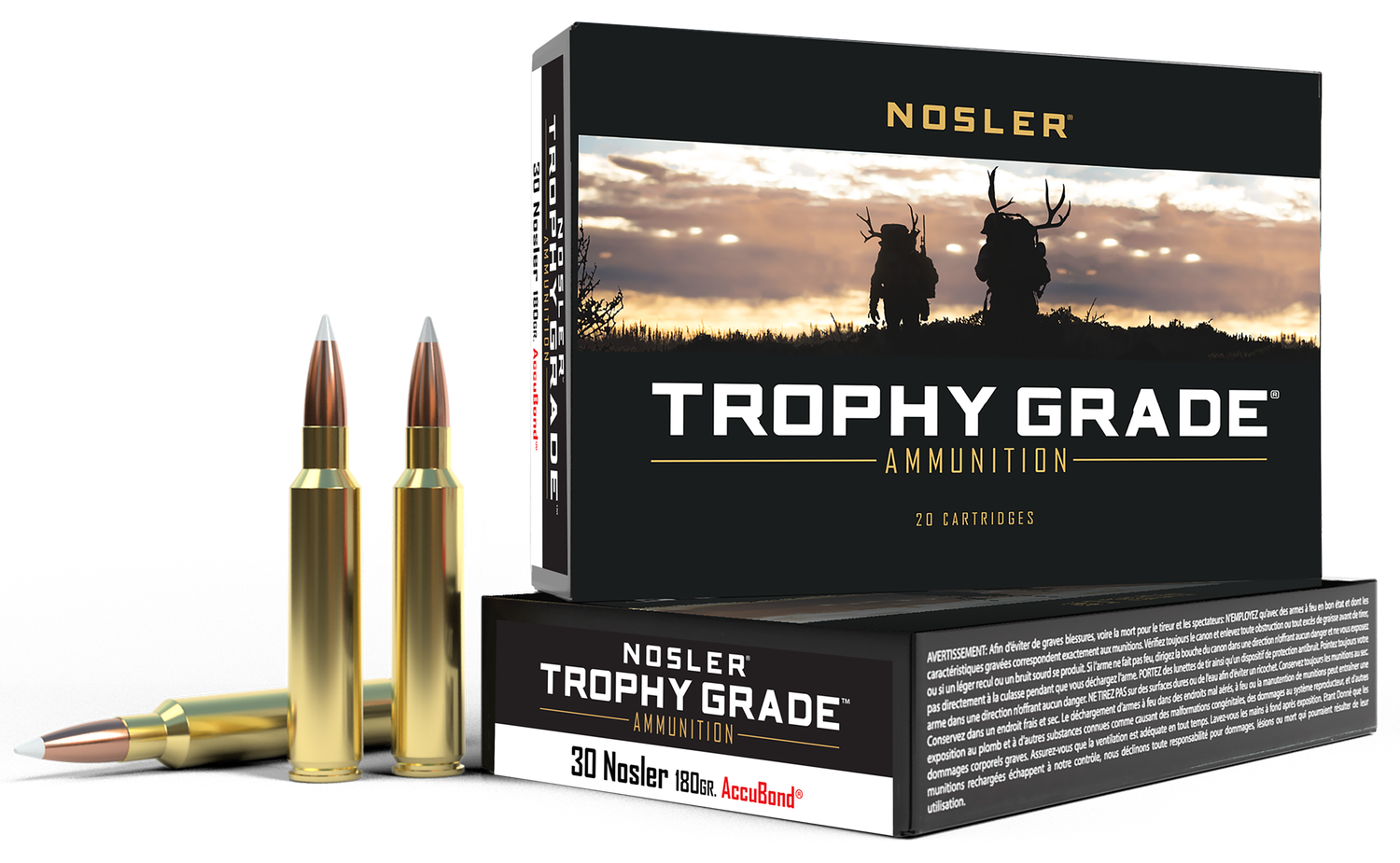 Nosler Trophy Grade Rifle Ammunition 60117, 30 Nosler, AccuBond, 180 GR, 3200 fps, 20 Rd/Bx