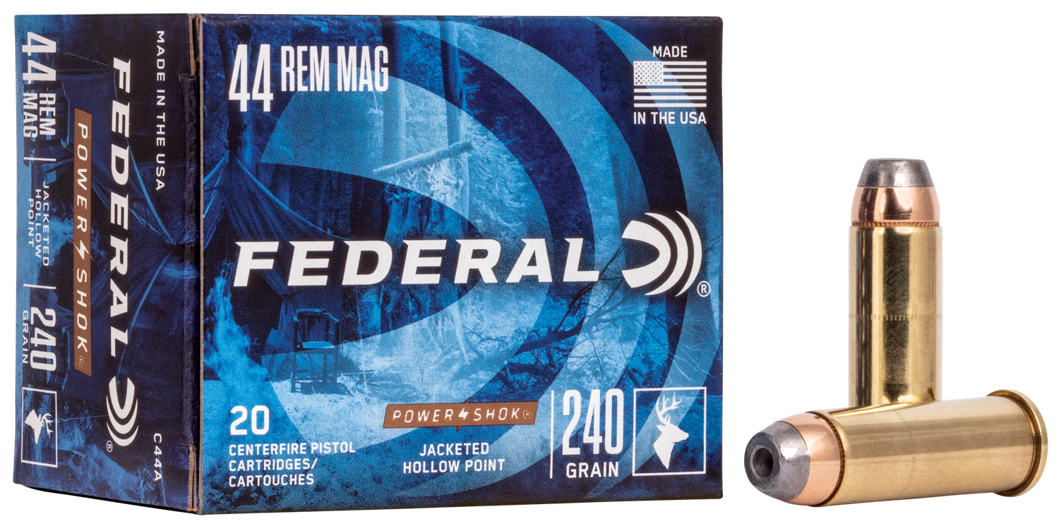 Federal Power Shok Handgun Ammunition C44A, 44 Remington Mag, Jacketed Hollow Point (JHP), 240 GR, 1230 fps, 20 Rd/bx