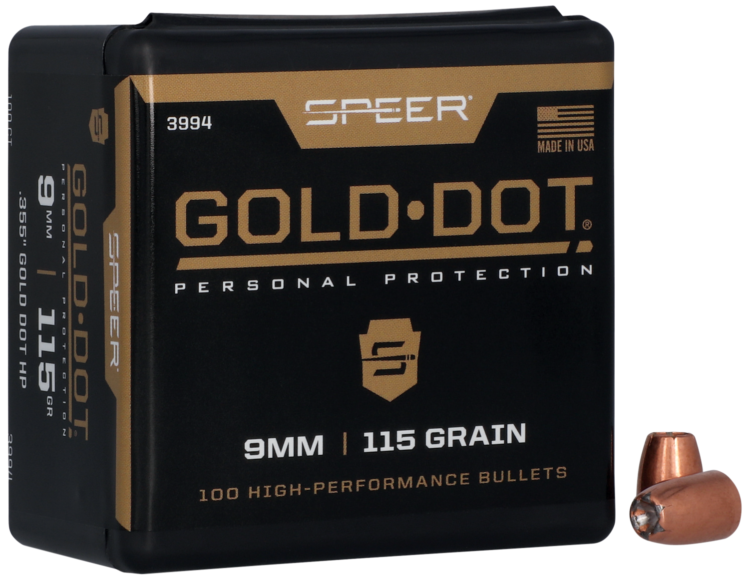 Speer 9MM 115 Grain Gold Dot Hollow Point 100/Box (3994), Not Loaded