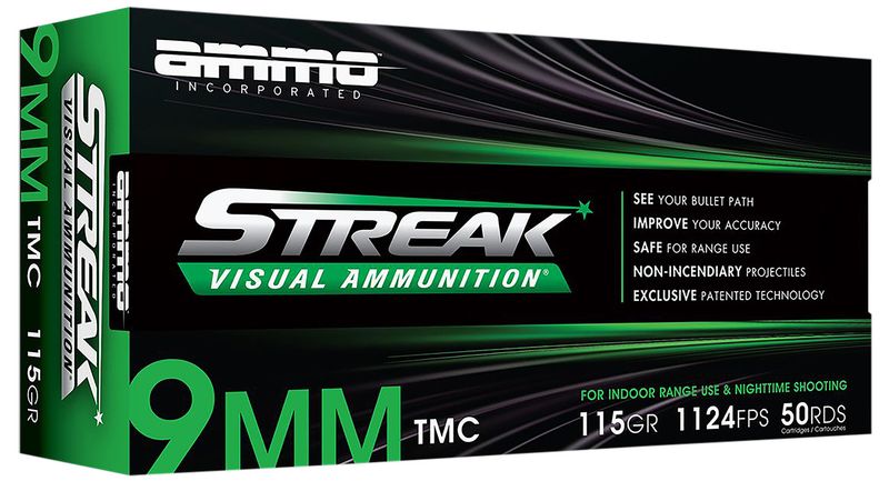 Ammo Inc Streak Visual (GREEN) Self Defense Pistol Ammunition 9115TMCSTRKGRN50, 9mm Luger, Total Metal Case, 115  GR, 1124  fps, 50 Rd/bx