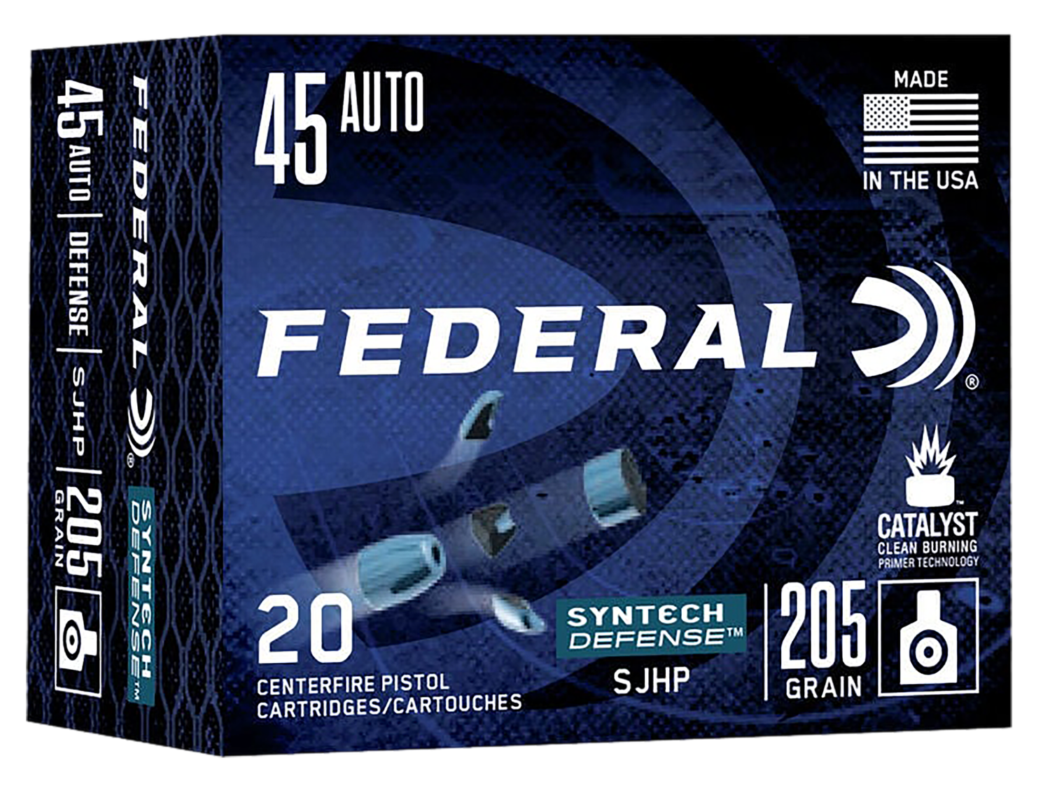 Federal Syntech Defense Pistol Ammunition S45SJT1, 45 ACP, Segmented Jacketed Hollow Point (SJHP), 205 gr, 970 fps, 20 Rd/Bx