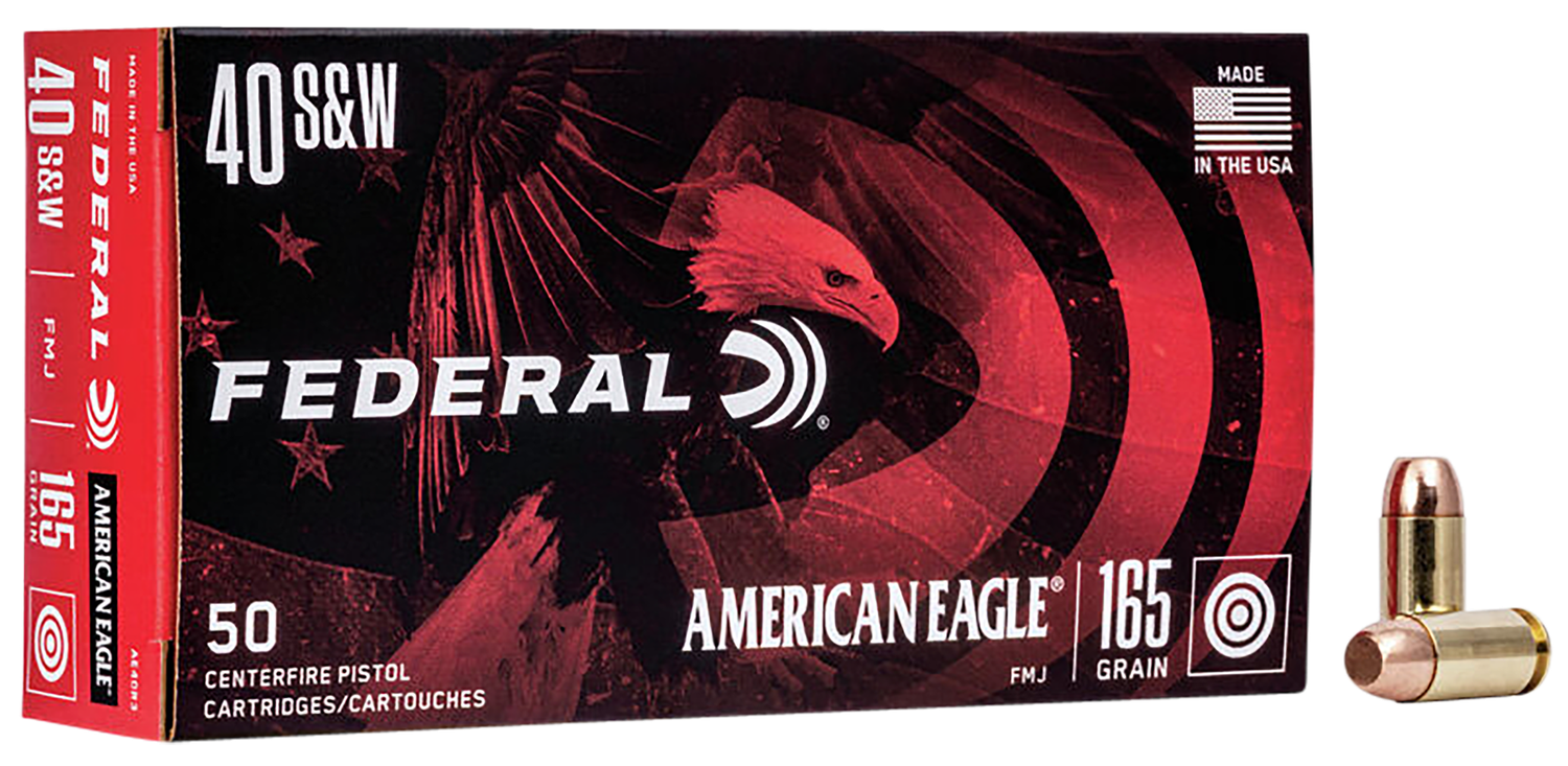 Federal American Eagle Pistol Ammunition AE40R3, 40 S&W, Full Metal Jacket (FMJ), 165 GR, 1130 fps, 50 Rd/bx