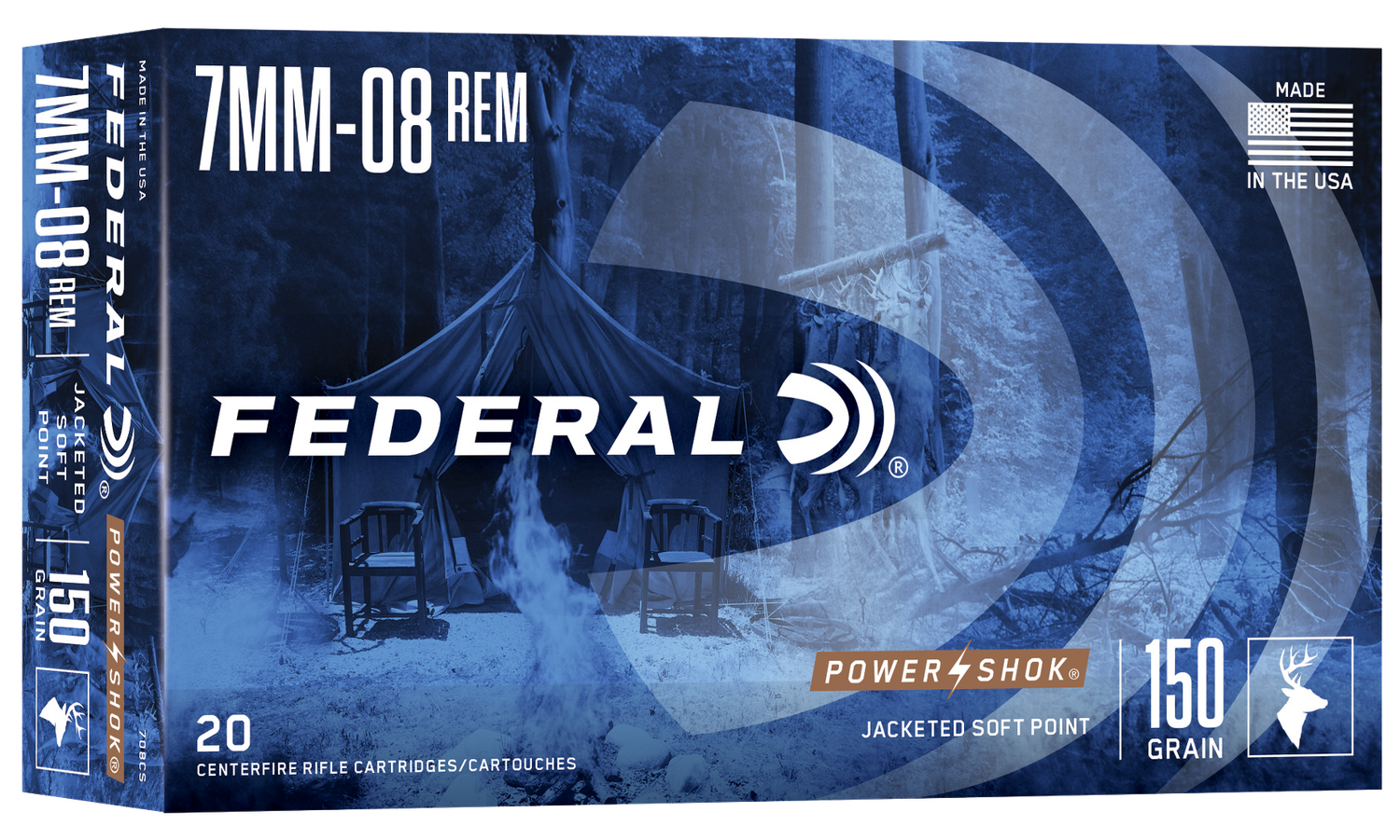 Federal Premium Power Shok Rifle Ammunition 708CS, 7 mm-08 Remington, Speer Hot-Cor SP, 150 GR, 2650 fps, 20 Rd/bx