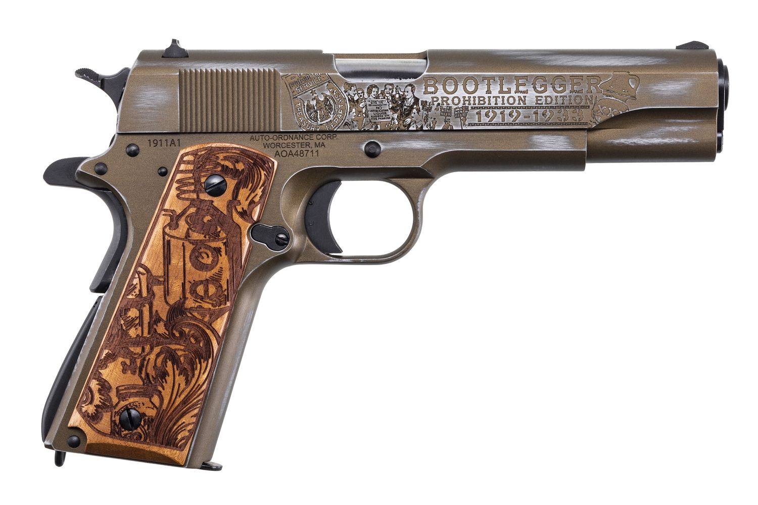Auto-Ordnance Corp 1911 Bootlegger Edition Pistol 1911BKOC9, 45 ACP, 5in, Custom Engraved Wood Grips, 7 Rds