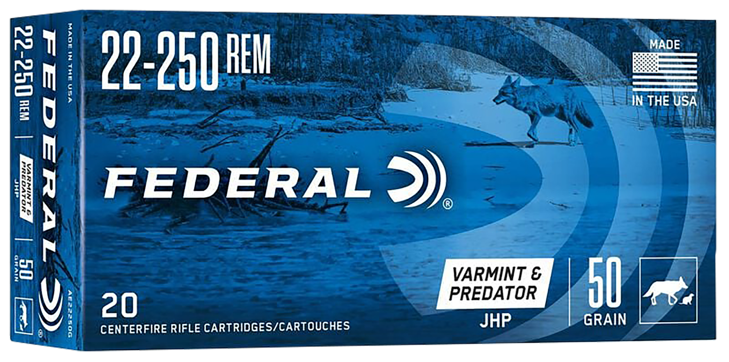 Federal American Eagle Rifle Ammunition AE22250G, 22-250 Remington, Jacketed Hollow Point (HP), 50 GR, 3850 fps, 20 Rd/bx