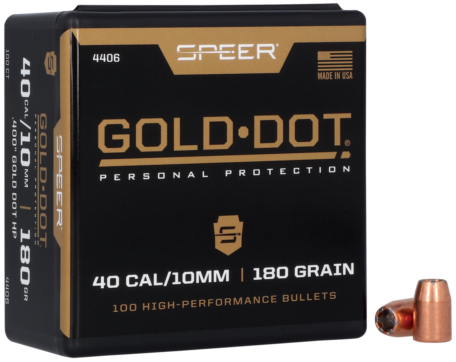 Speer 40 Caliber 180 Grain Gold Dot Hollow Point 100/Box (4406), Not Loaded