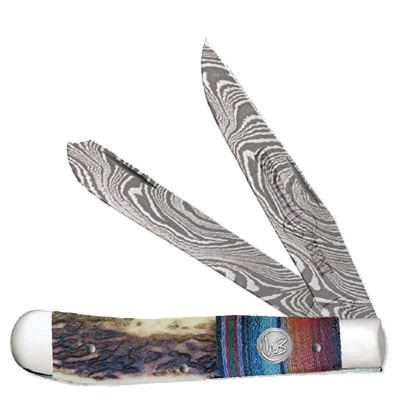 Whiskey Bent Knives Trapper Knife w/Clip Point & Spey Damascus Blade, Bandito Handle (WB11-75)