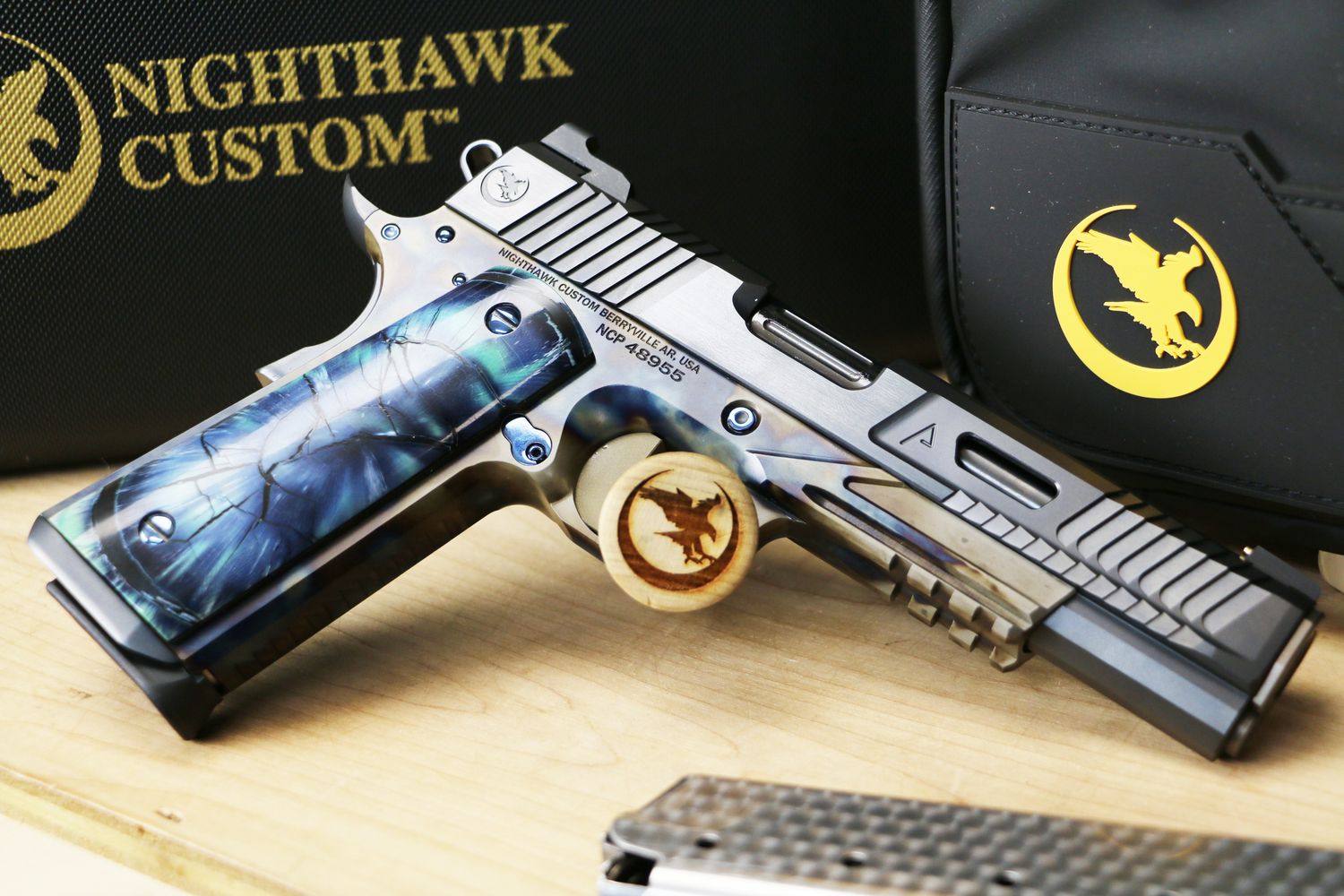 Nighthawk Custom VIP Agent2 Government Pistol, 45 APC, 5", Cross Cut Mammoth Tusk Ivory Grips, Turnbull Case Hardened Finish