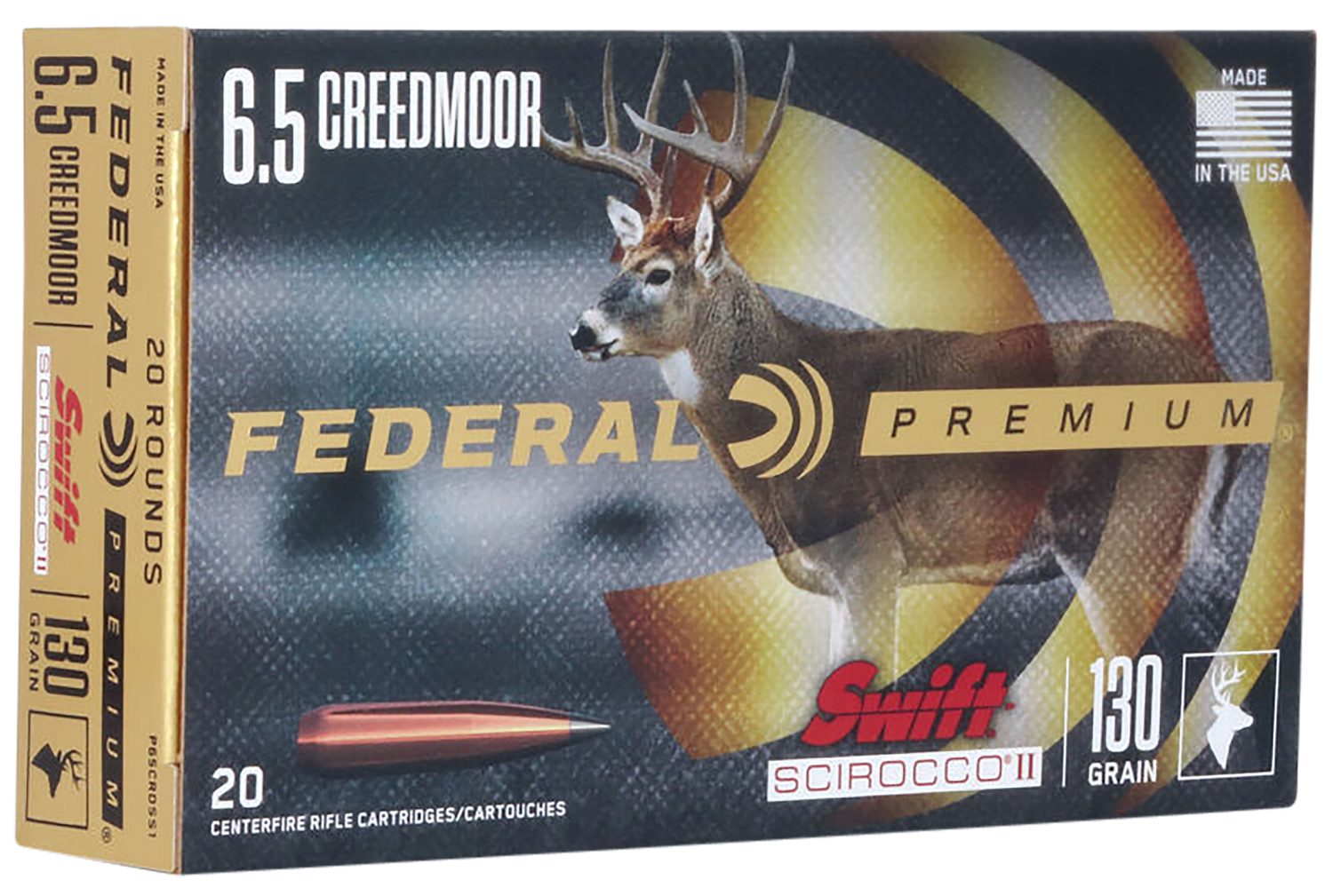 Federal Premium Rifle Ammunition P65CRDSS1, 6.5 Creedmoor, Swift Scirocco II, 130 gr, 2263 ft lbs, 20 Rd/Bx