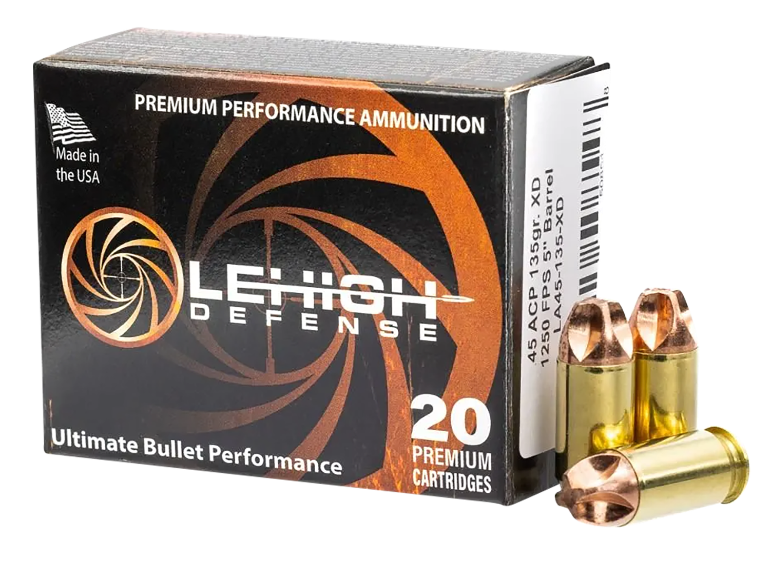 LeHigh Defense Xtreme Defense Pistol Ammunition LA45135XD, 45 Automatic Colt Pistol ACP, Lehigh Defense XD FMT, 135 gr, 1250 fps, 20 Rd/Bx