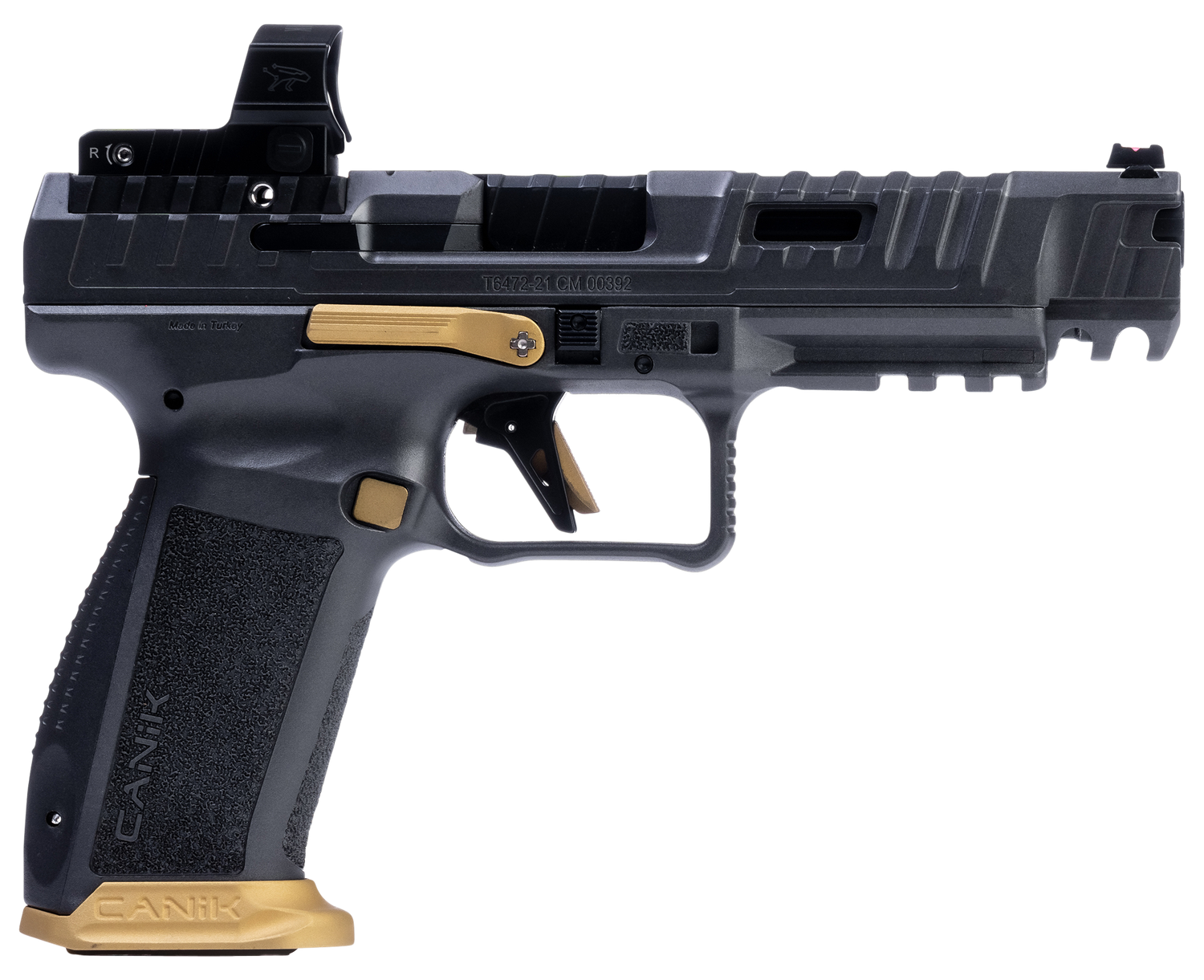 Canik SFX Rival Full Size Pistol HG7160TN, 9mm, 5", Textured Polymer Grips, Rival Gray w/Gold Accents Finish, w/MeCanik MO2 Optic, 18 Rds