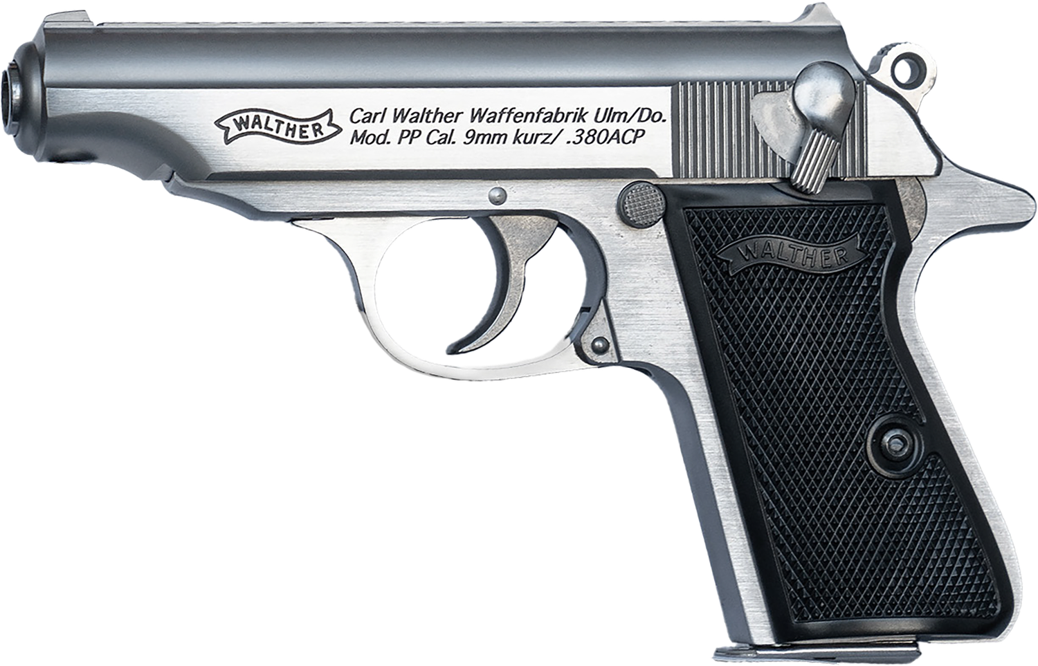 Walther PP Pistol 4796029, 32 ACP, 3.90in, Textured Polymer Grips, Stainless Finish, 8 Rds